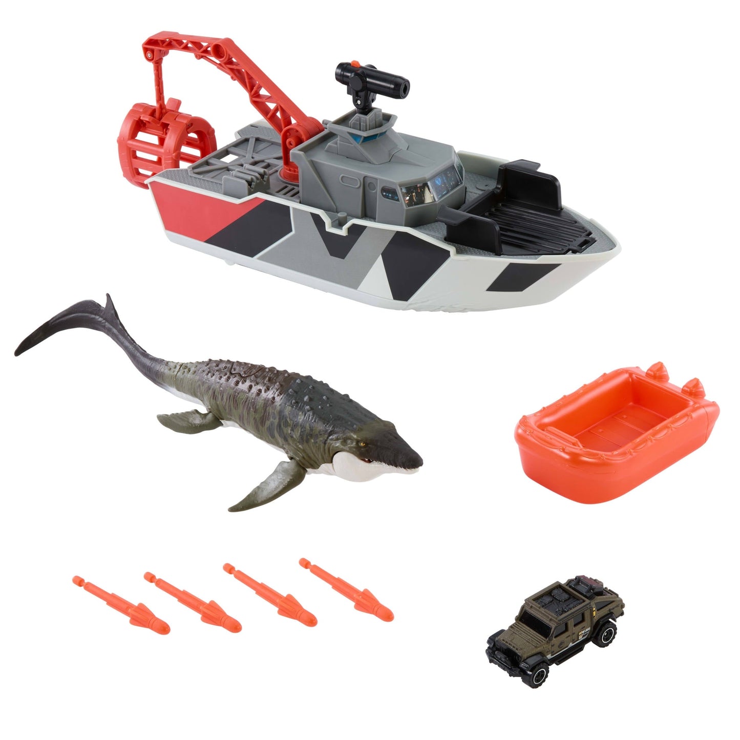 Matchbox Jurassic World Mosasaurus Rescue Action Boat Playset with Ship, Dino, Toy Car & Missiles