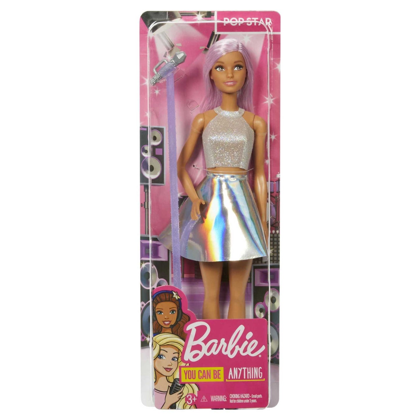 Barbie Pop Star Doll Dressed In Iridescent Skirt with Microphone and Long Pink Hair