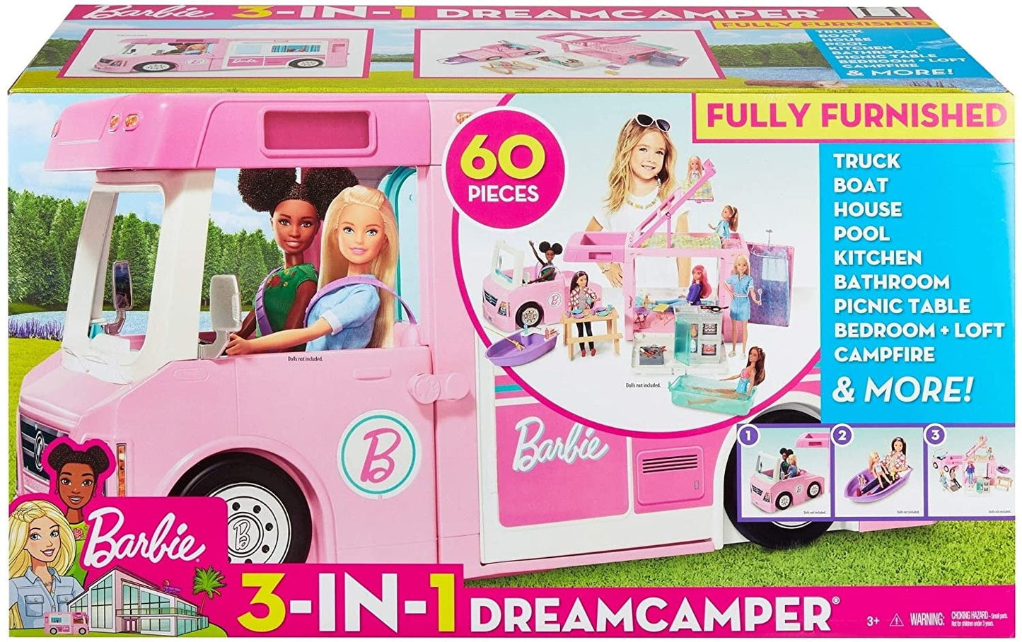 Barbie Camper Playset, 3-in-1 DreamCamper with Pool & 50 Accessories, Transforms into Doll-Sized Truck, Boat & House (Exclusive)