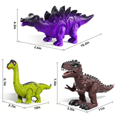 3 Pack Electric Walking Dinosaur Toys for Toddlers 3 4 5 Years with Roar Sounds and Lights Up, Realistic Robot T-Rex, Brachiosaurus, Stegosaurus Dinosaur Figures for Kids