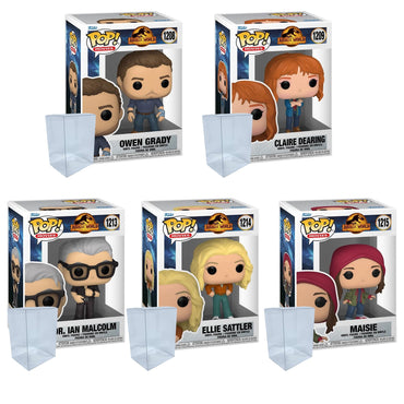 Jurassic World: Dominion Set of 5 -Includes Owen Grady, Claire Dearing, Ian Malcolm, Ellie Slattler, Maisie Funko Pops + Blue Salamander Emporium Plastic Protector Cases