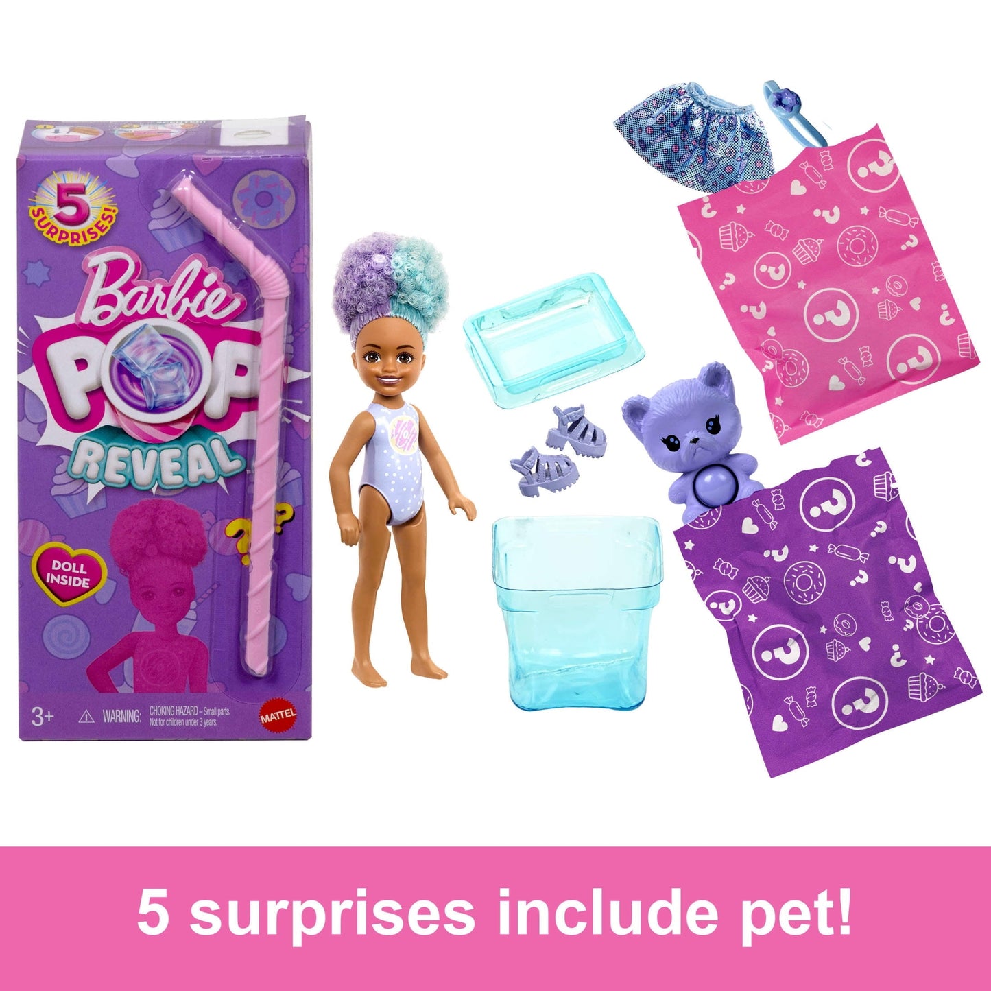 Barbie Chelsea Pop Reveal Treat Series Doll with 5 Surprises Including Scent & Pet (Styles May Vary)