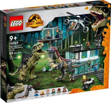 LEGO Jurassic World Giganotosaurus & Therizinosaurus Attack 76949 with 2 Dinosaur Toy Figures, ATV Car, Helicopter & Garage, Gifts for Kids, Boys and Girls