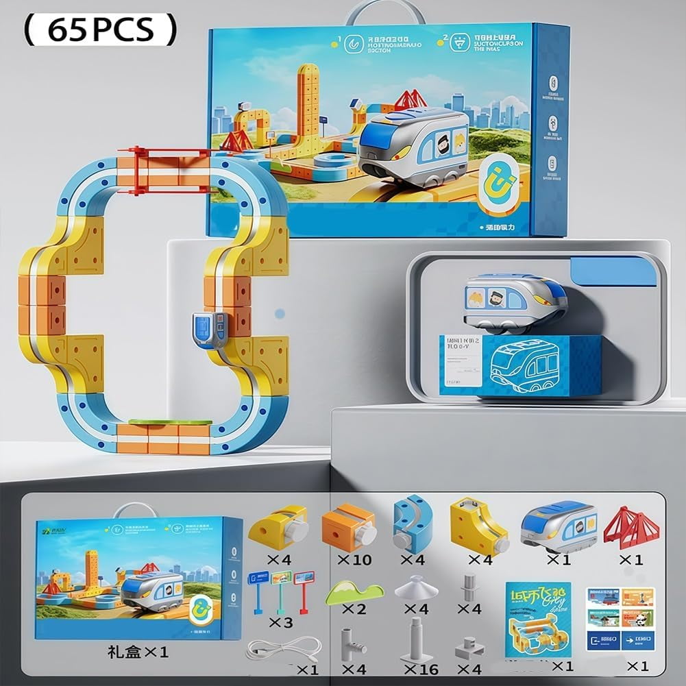 Electric Train Set Flexible Race Track, Flexible Magnetic Train Track with Electric Trains, Gravity-Defying Building Car Tracks for Adult, DIY Embedded Layouts Traffic Signs Gift(65set)