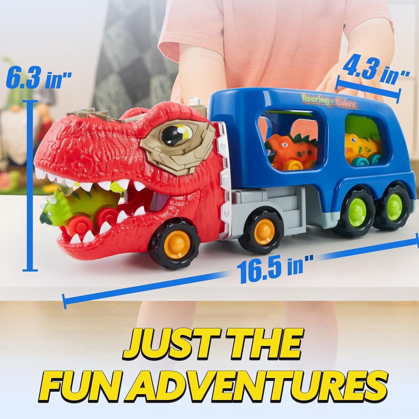 Joyfy Dinosaur Truck Toys with Music & Lights for Kids 2-4, Carrier Truck Toys with 6 Rubber Car Vehicles, Christmas Birthday Gifts for Toddler Boy 2 3 4 5 6