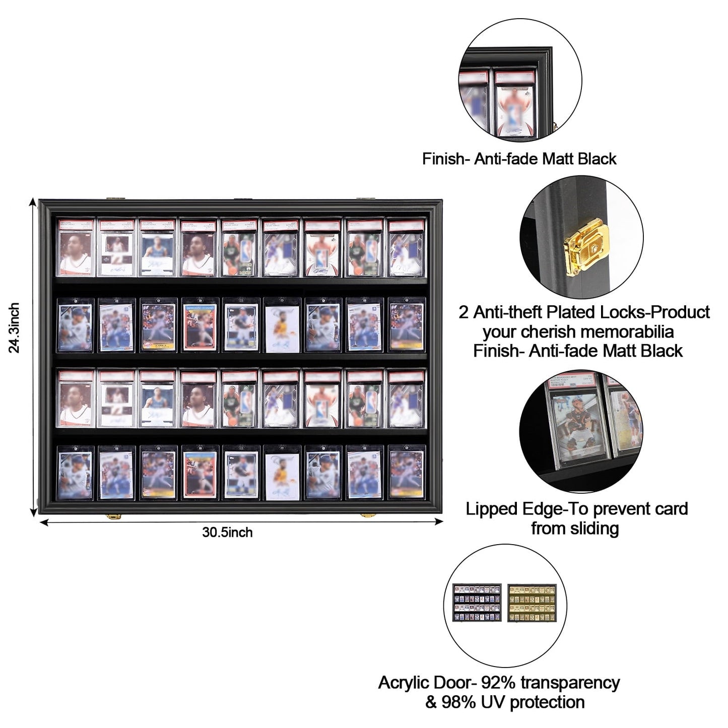 36 Graded Sports Card Display Frame - Baseball Card Display Case Lockable Trading Card Collector Wall Display Holder For Basketball Football Hockey Cards, 98% UV Protection Acrylic,Black