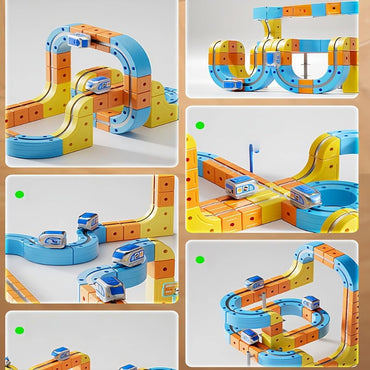 Electric Train Set Flexible Race Track, Flexible Magnetic Train Track with Electric Trains, Gravity-Defying Building Car Tracks for Adult, DIY Embedded Layouts Traffic Signs Gift(65set)