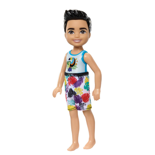 Barbie Chelsea Small Doll with Beach Swimsuit, Toucan & Tropical Leaf Print, Black Hair & Brown Eyes