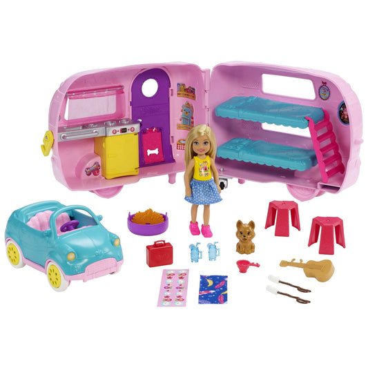 Barbie Club Chelsea Pink Camper Playset, Blonde Small Doll, Pet, Car & 10+ Accessories, Toy for 3 Years and Up