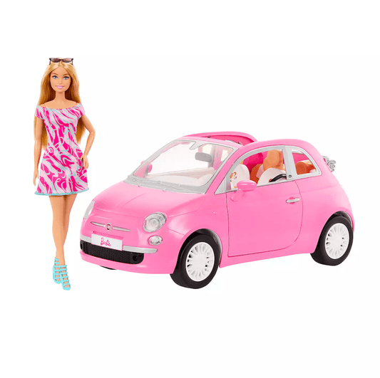 Barbie Doll & Fiat 500 Vehicle Play Set, Fashion Doll with Pink Toy Car & Accessories