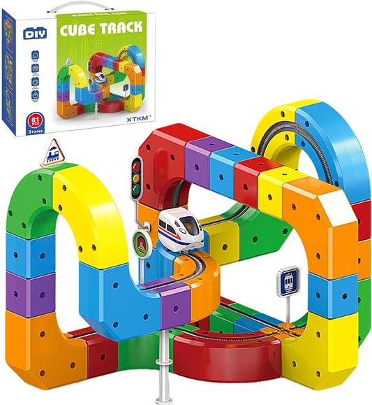 Magnetic Track Car Toys,Flexible Car Track Magnetic Train Set,DIY Race Car Track Building Kits with Train and Traffic Signs,for 4-8 Year Old Boy Toys Boys Girls Birthday Party Gifts (81PCS)