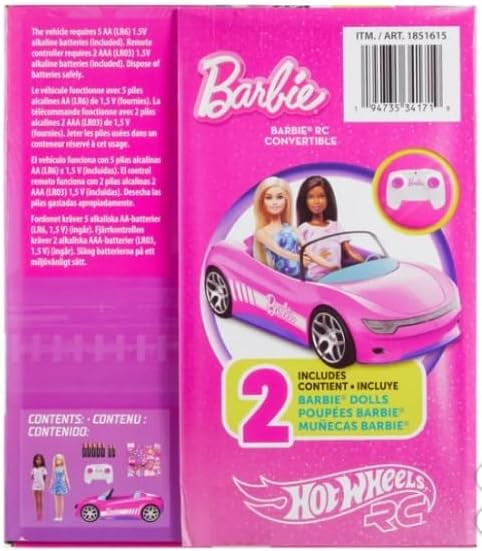 Hot Wheels Remote Control Barbie Convertible Car with 2 Dolls, Pink RC Vehicle, Kids Toy