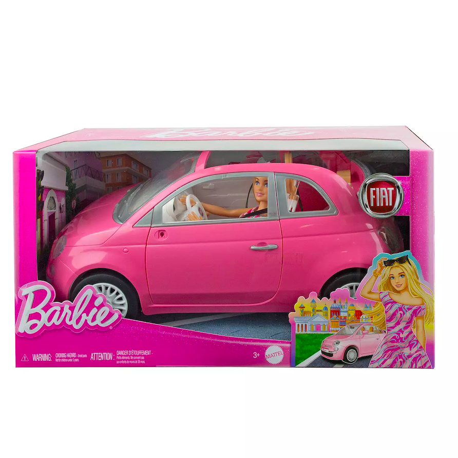 Barbie Doll & Fiat 500 Vehicle Play Set, Fashion Doll with Pink Toy Car & Accessories