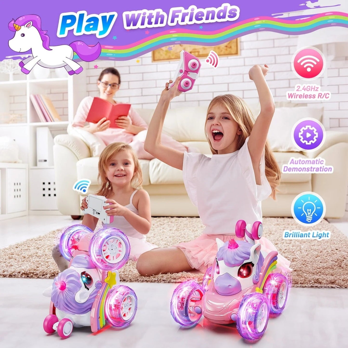 HopeRock Unicorn Toys for Girls Ages 3-6 Years, Remote Control Stunt Car with LED Lights, 2.4GHz RC Car for 3-6 Year Old Girls, Christmas Birthday Gift for Toddlers 3-6.