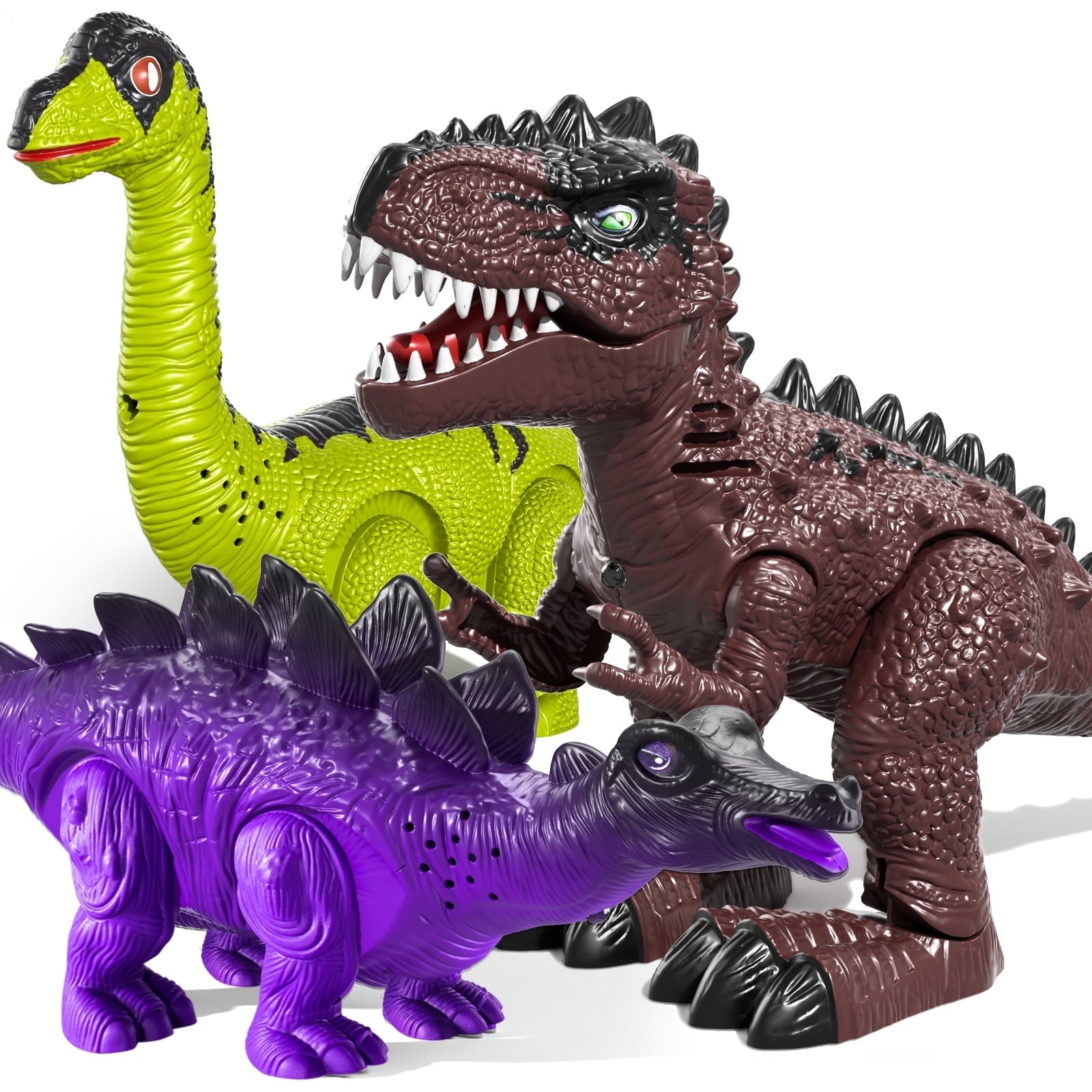 3 Pack Electric Walking Dinosaur Toys for Toddlers 3 4 5 Years with Roar Sounds and Lights Up, Realistic Robot T-Rex, Brachiosaurus, Stegosaurus Dinosaur Figures for Kids