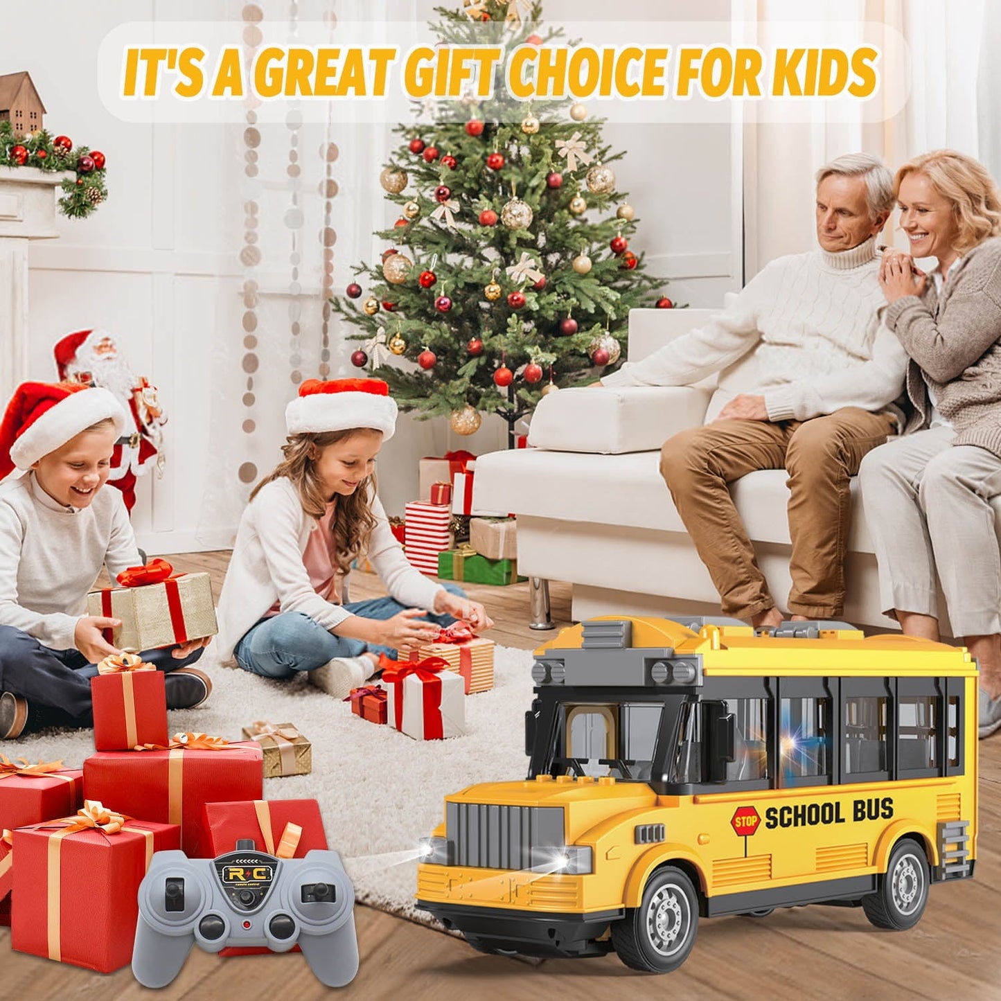 RC School Bus Toy, 1/30 Remote Control Car Vehicles, 4 Channel City Classic Bus Toy Electronic Vehicles Opening Door for Toddlers with Lights, Gifts for Kids Boys Girls Age 3-12