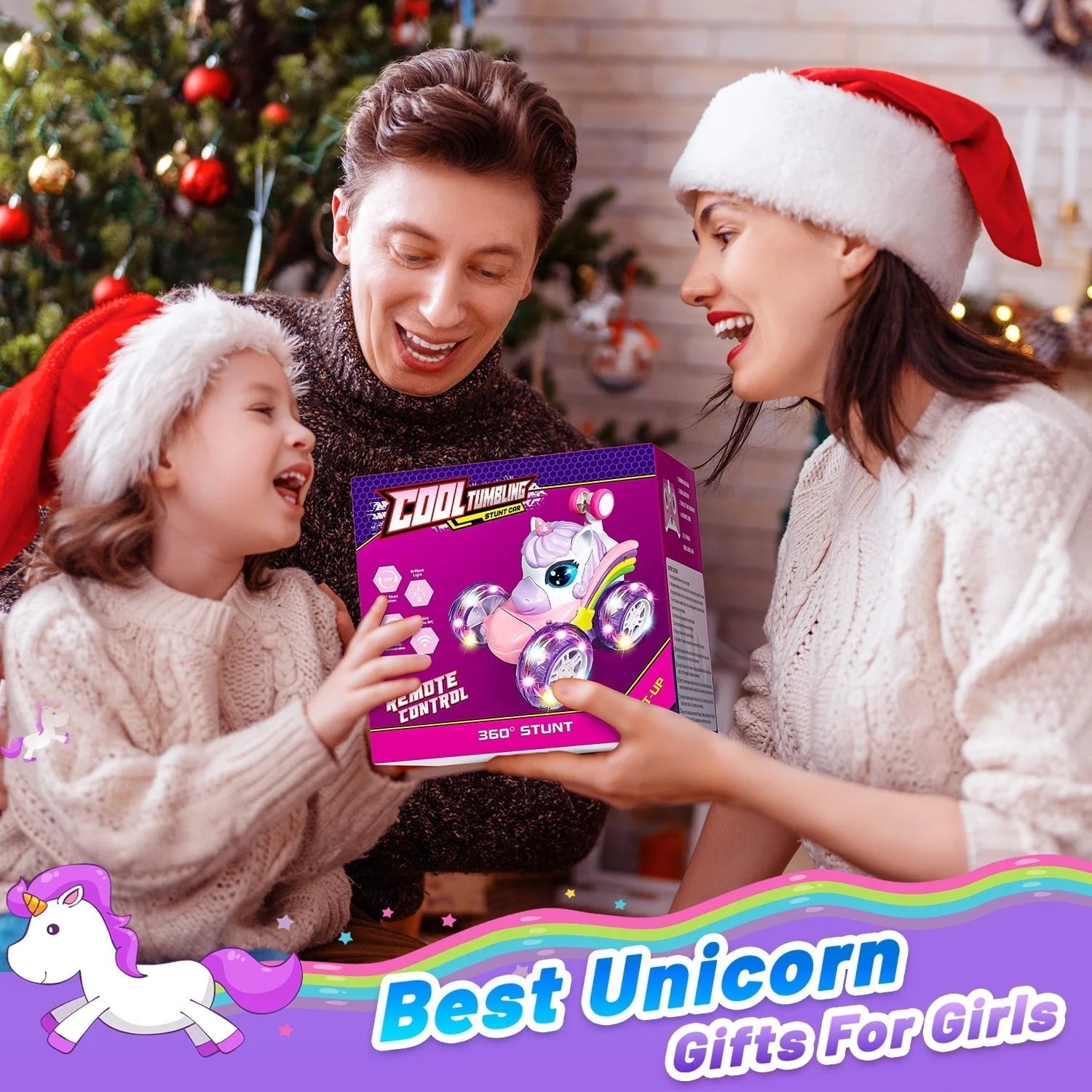 HopeRock Unicorn Toys for Girls Ages 3-6 Years, Remote Control Stunt Car with LED Lights, 2.4GHz RC Car for 3-6 Year Old Girls, Christmas Birthday Gift for Toddlers 3-6.