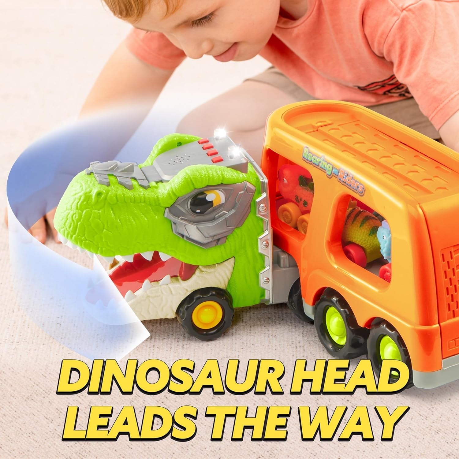 Joyfy Dinosaur Truck Toys with Music & Lights for Kids 2-4, Carrier Truck Toys with 6 Rubber Car Vehicles, Christmas Birthday Gifts for Toddler Boy 2 3 4 5 6