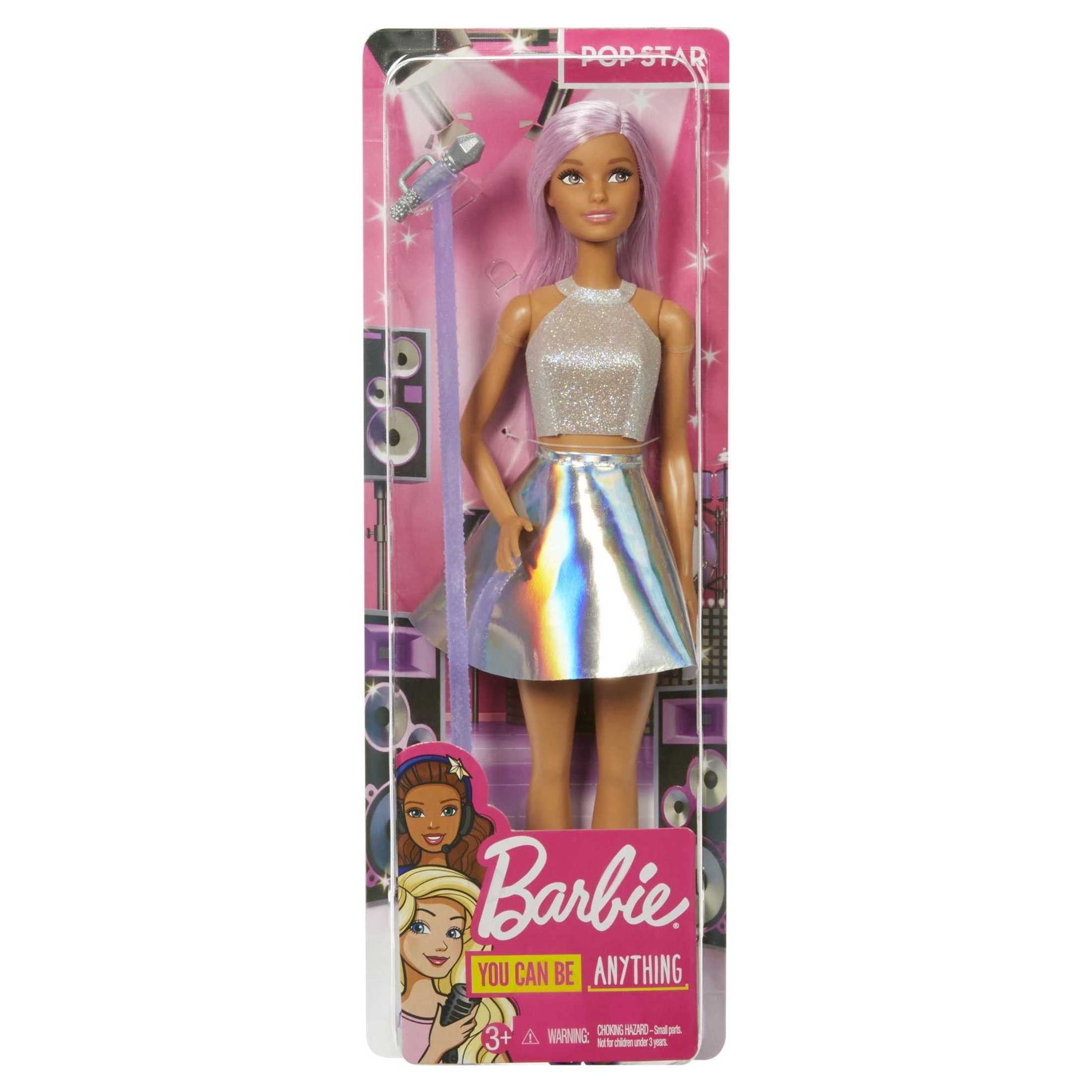 Barbie Pop Star Doll Dressed In Iridescent Skirt with Microphone and Long Pink Hair