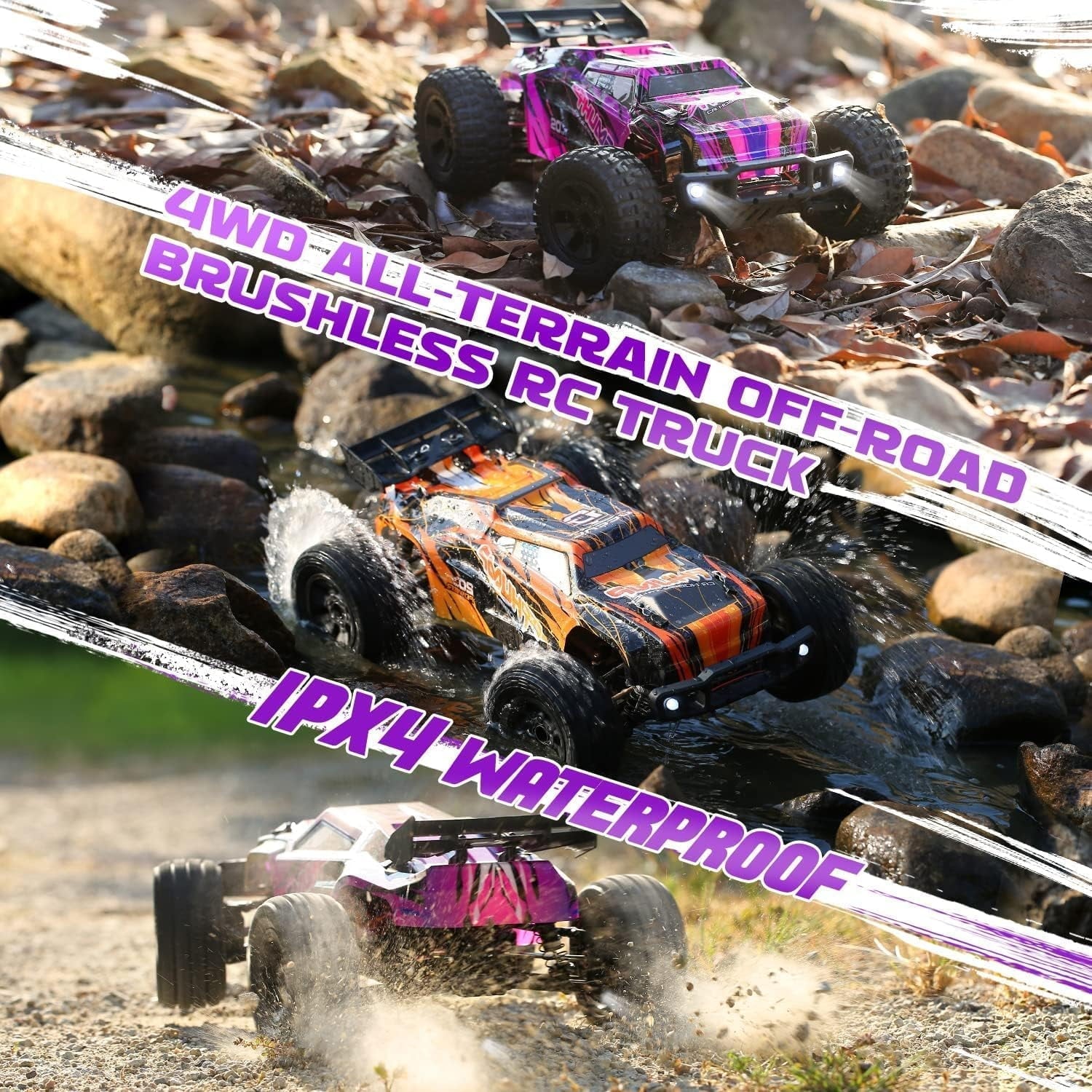 DEERC 200E 1:10 Large 3S Brushless Motor High Speed RC Cars for Adults, 4X4 Fast RC Trucks W/Extra Shell LED Headlight, 60KM/H, All Terrain Remote Control Car, Offroad Monster Truck for Boys,2 Battery