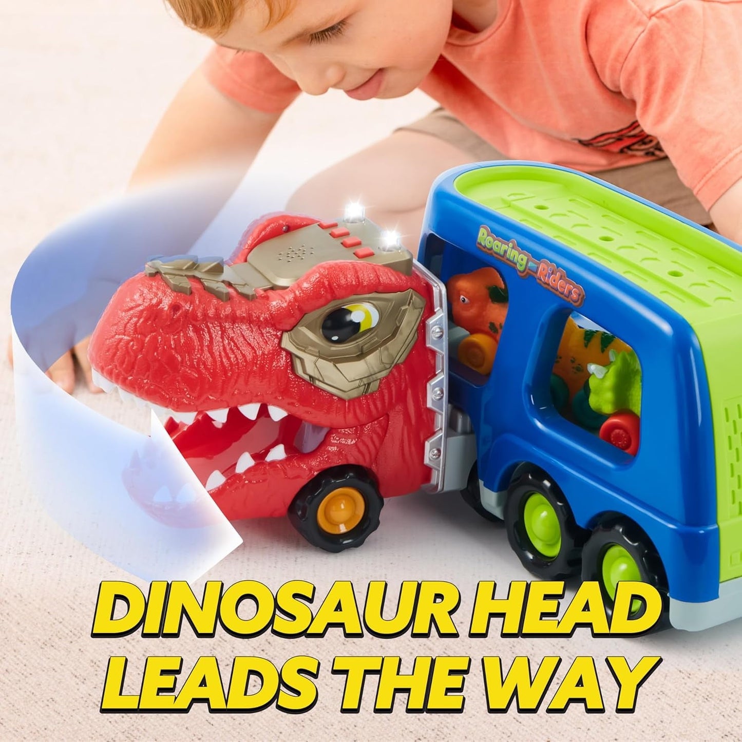 Joyfy Dinosaur Truck Toys with Music & Lights for Kids 2-4, Carrier Truck Toys with 6 Rubber Car Vehicles, Christmas Birthday Gifts for Toddler Boy 2 3 4 5 6