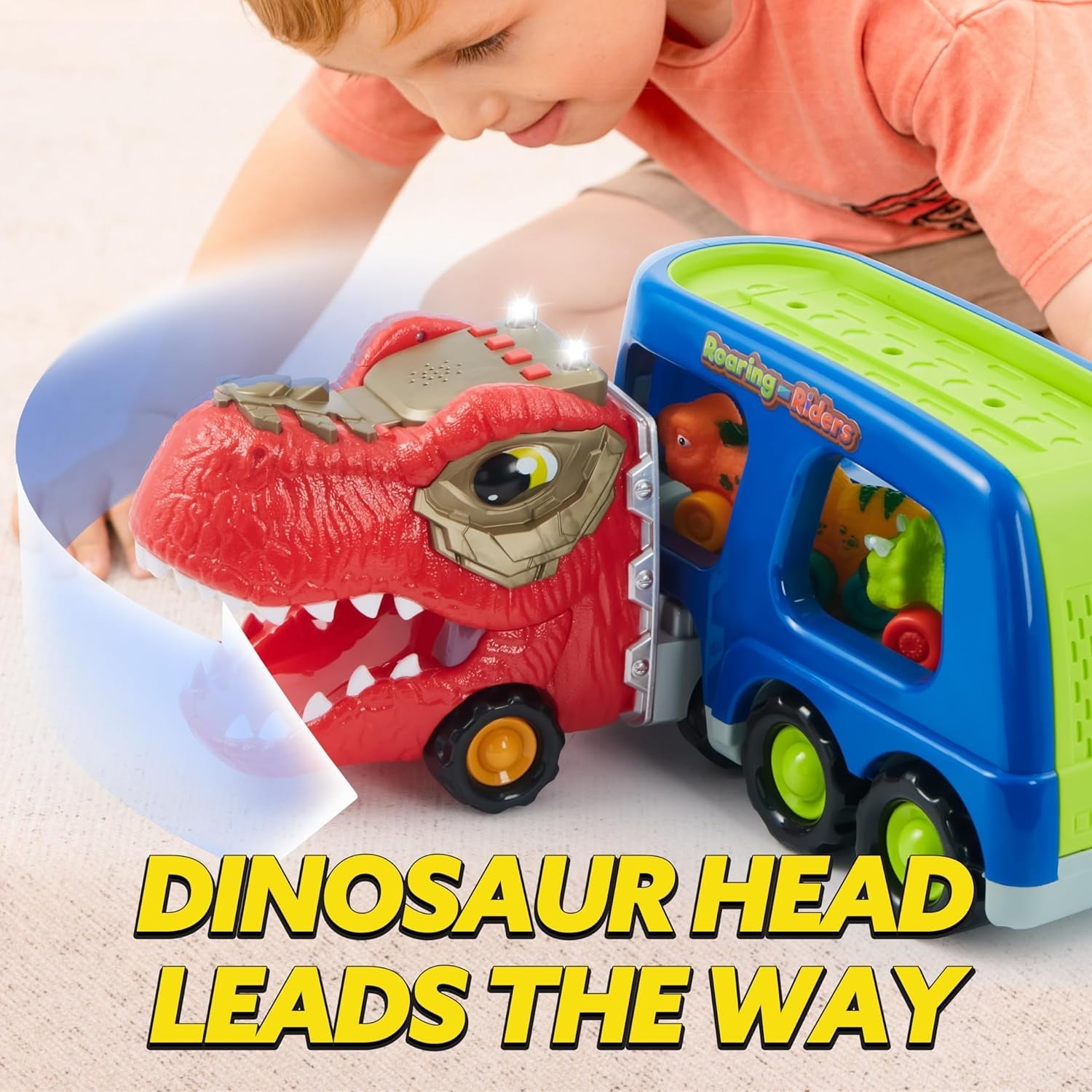 Joyfy Dinosaur Truck Toys with Music & Lights for Kids 2-4, Carrier Truck Toys with 6 Rubber Car Vehicles, Christmas Birthday Gifts for Toddler Boy 2 3 4 5 6