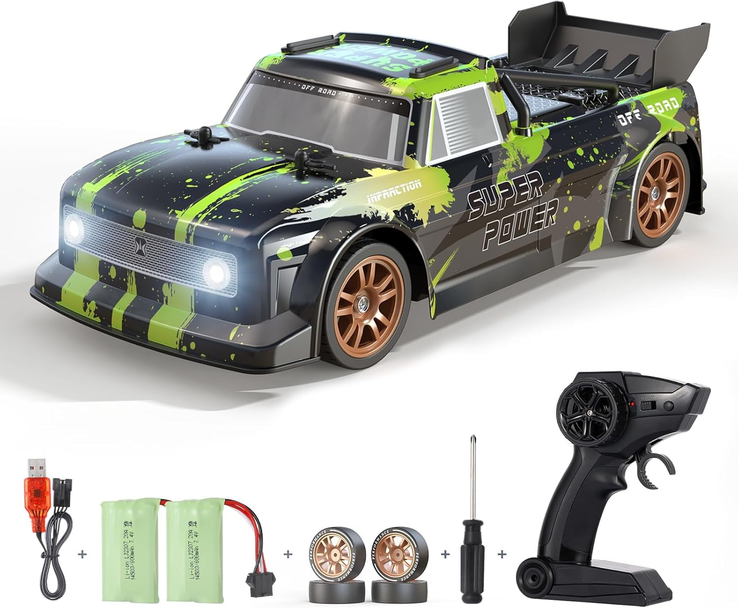 1/16 RC Drift Car, 20KM/H 4WD 2.4GHz Remote Control Car with 2 Batteries, High Speed Drift RC Cars, Extra Tires, Lights and Spray, Toy Car for Adults Boys Girls Gifts