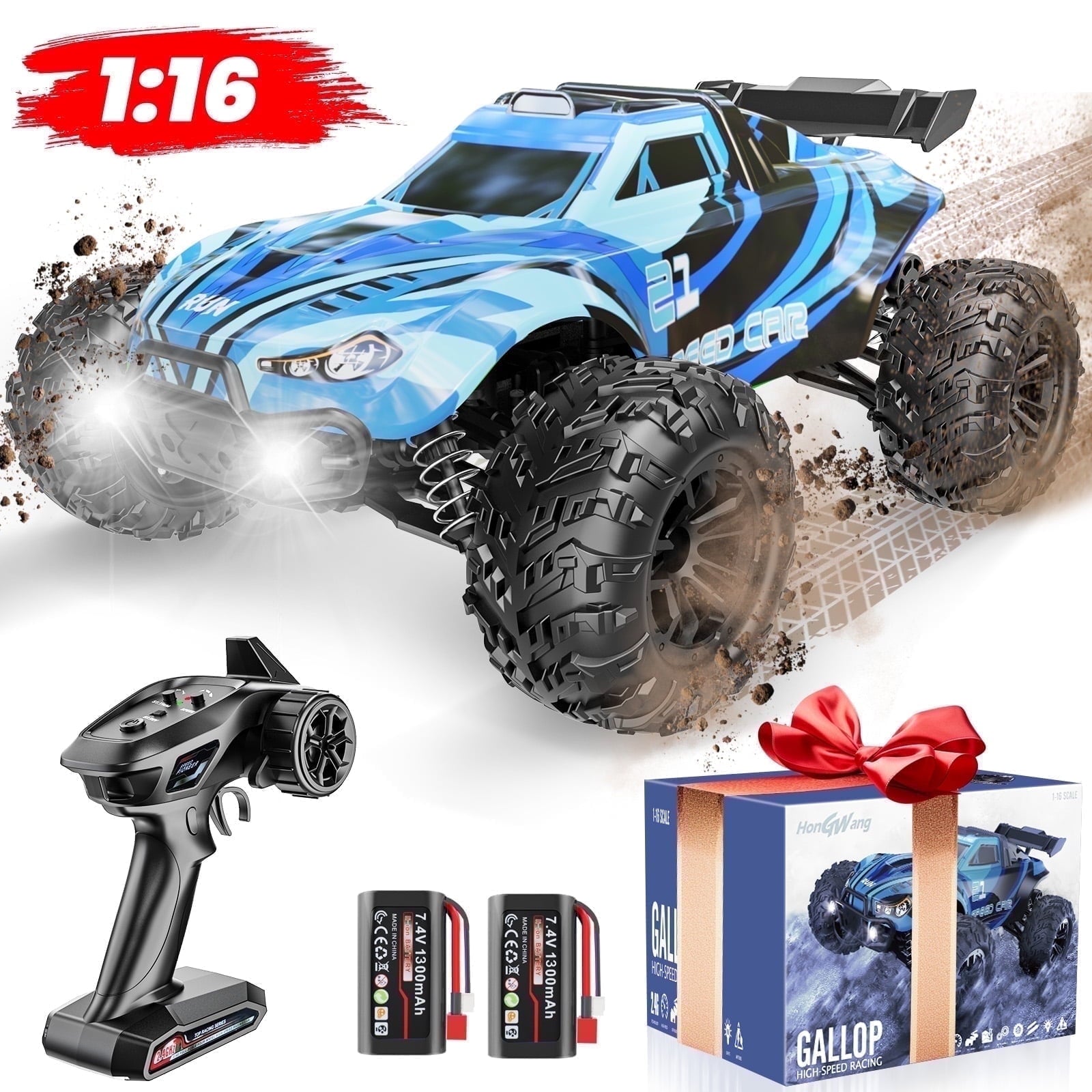 Loheer 1:16 RC Car for Adults & Kids, All Terrain 4x4 Remote Control Car, 40+ km/H Off-Road RC Trucks, 40+ Mins Running High Speed Remote Control Trucks for Teen Boy Girl Gifts