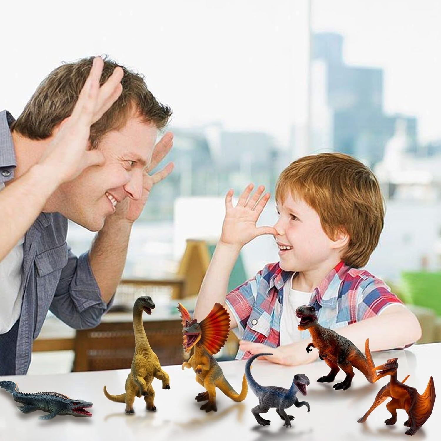Woaeety 6Pack 6.3 Inch Jurassic Dinosaur Toy Figures, Realistic Dino Toys Set Dilophosaurus Blue Velociraptor T-Rex Mosasaurus Brachiosaurus Pterosaur Dinosaur Figurines for Dino Party