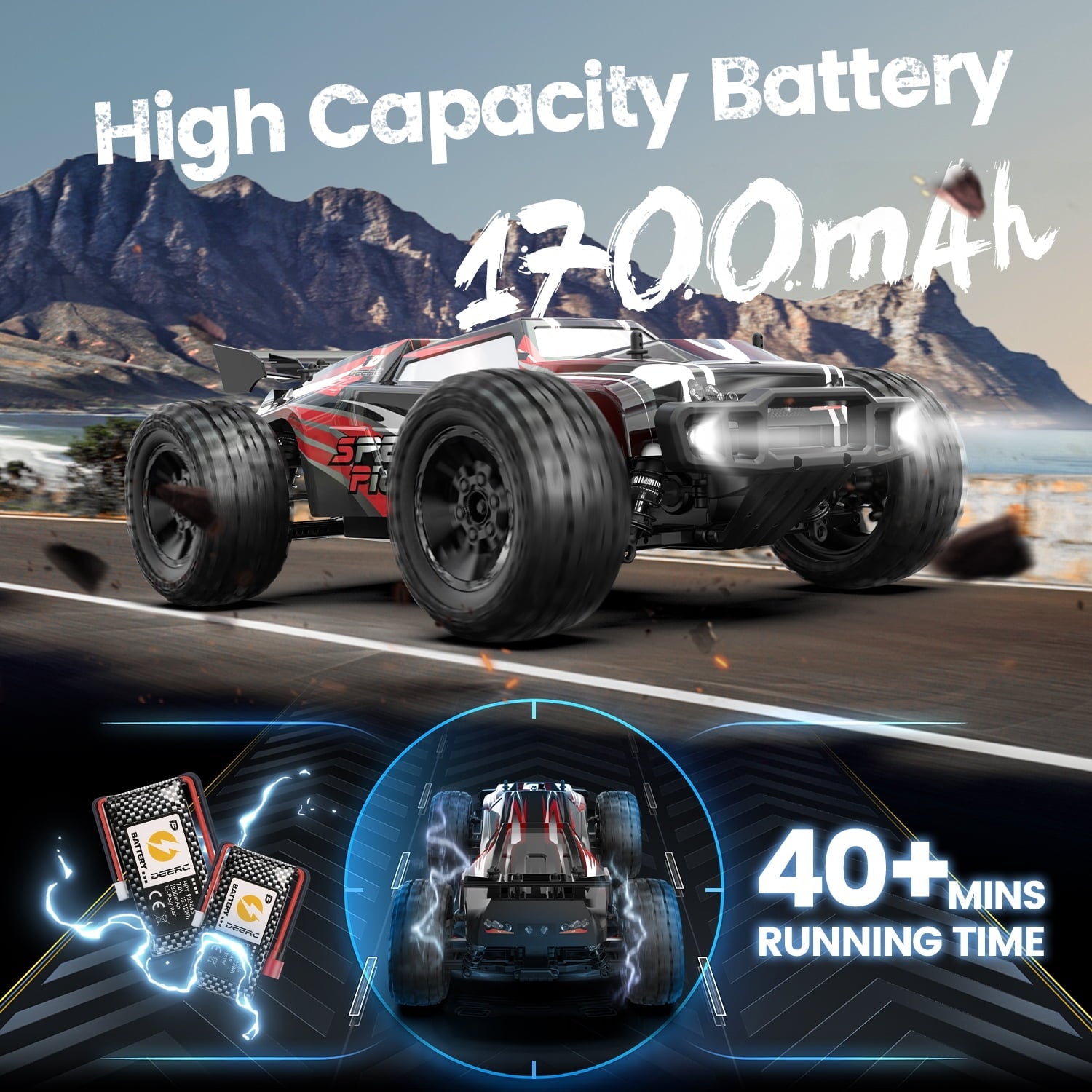 DEERC 9206E 1:10 Scale RC Cars, 48+ KM/H Hobby Grade High Speed Remote Control Car for Adults Boys, All Terrain 4WD 2.4GHz RC Monster Truck with 2 Battery for 40+ Min Play