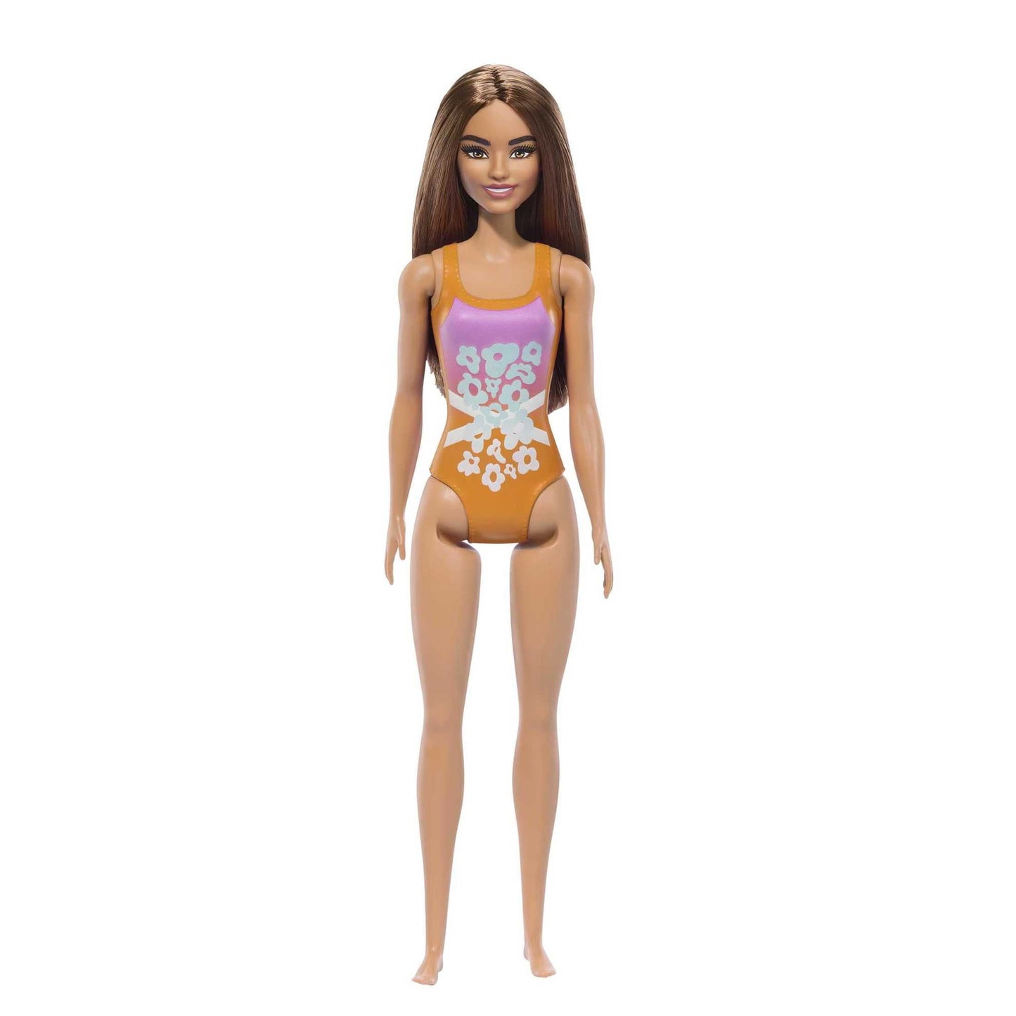 Beach Barbie Doll with Light Brown Hair Wearing Tropical Pink and Orange Swimsuit