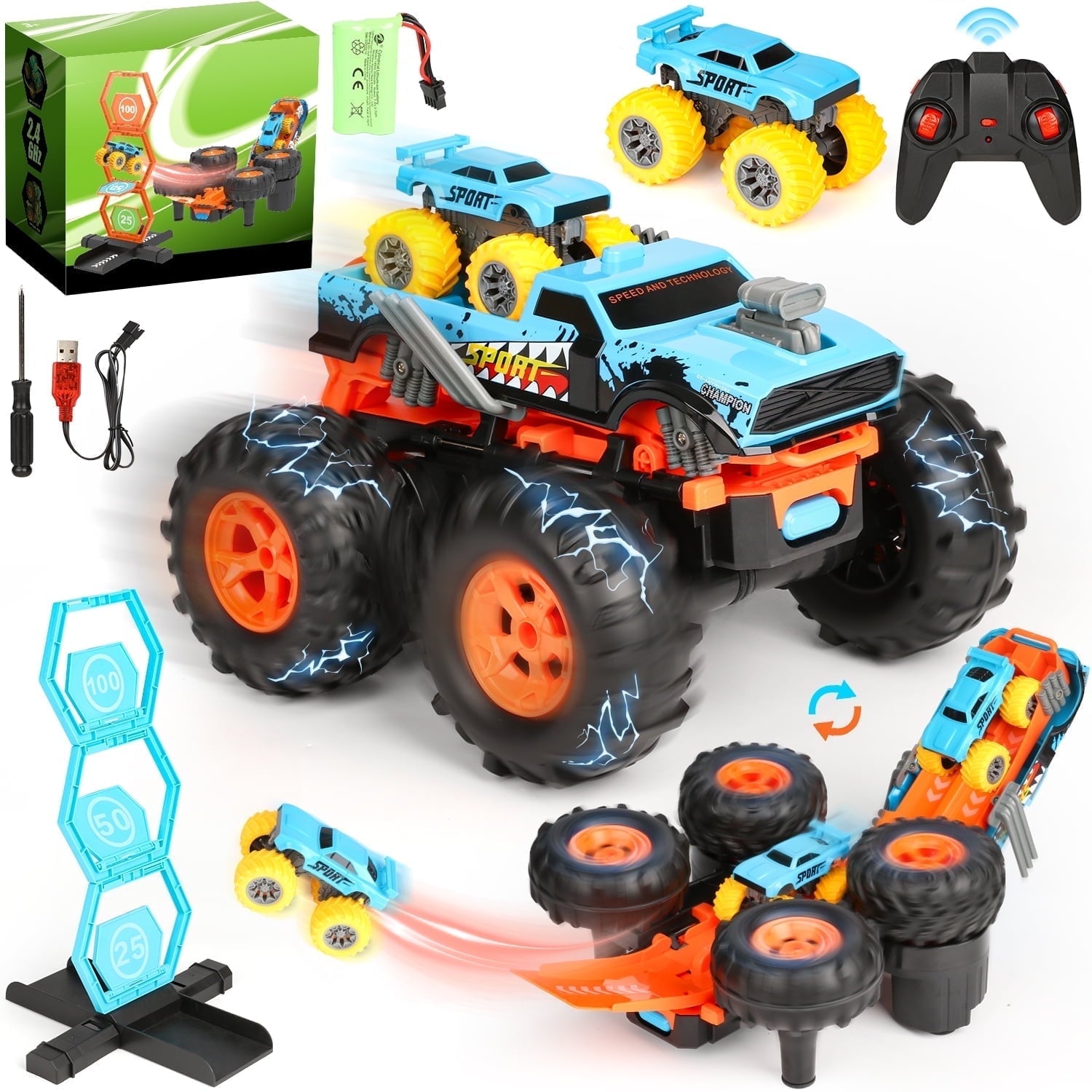 Huge Wave Remote Control Car for Boys, 1:16 Scale RC Stunt Monster Truck Toys, with Transform Track and Mini Car, Christmas Birthday Gift for Kids Age 4-12