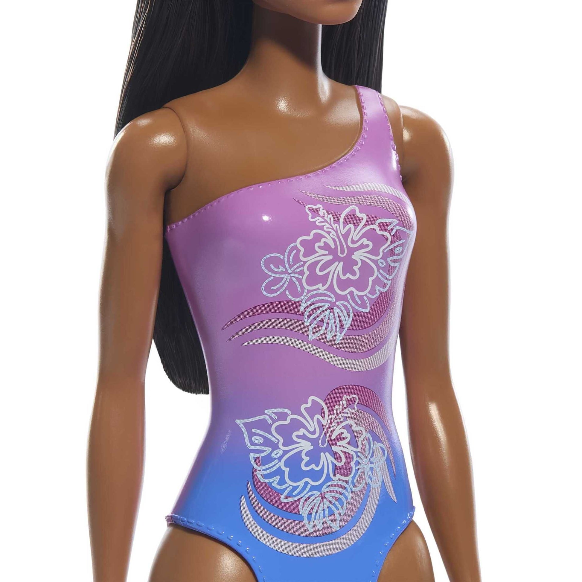 Beach Barbie Doll with Dark Brown Hair Wearing Tropical Purple One-Piece Swimsuit