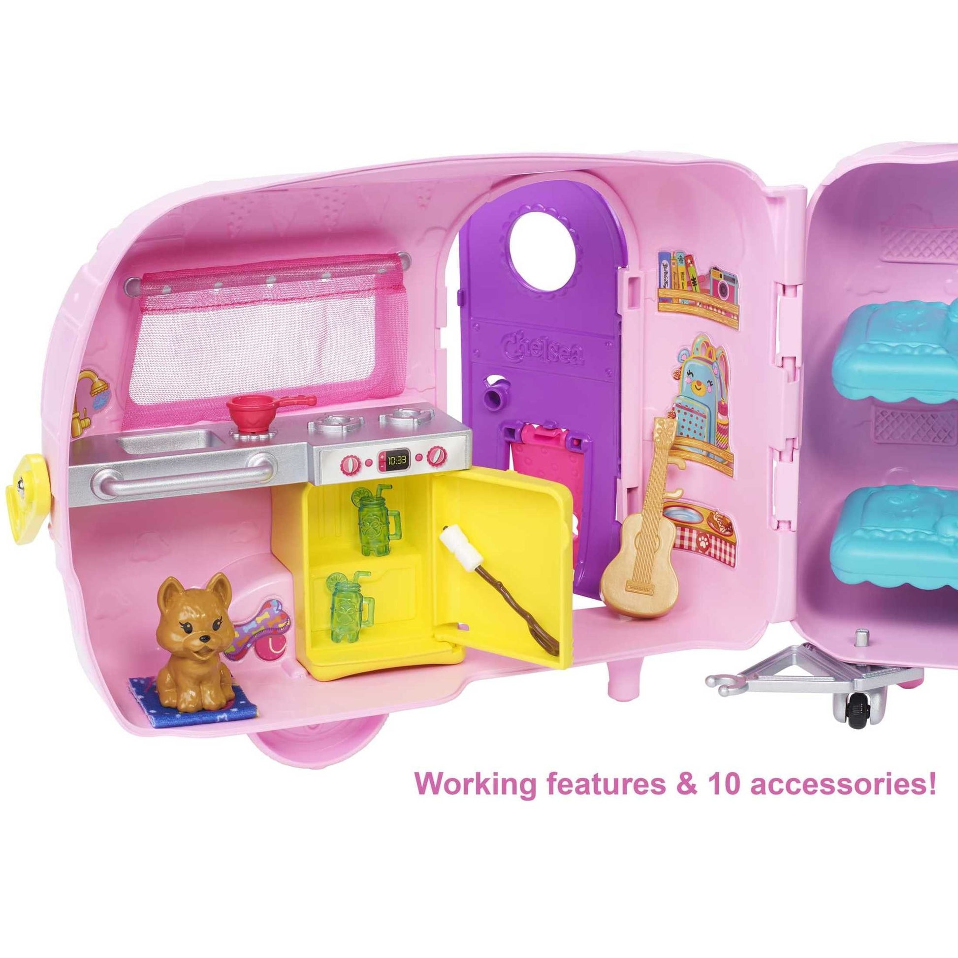 Barbie Club Chelsea Pink Camper Playset, Blonde Small Doll, Pet, Car & 10+ Accessories, Toy for 3 Years and Up