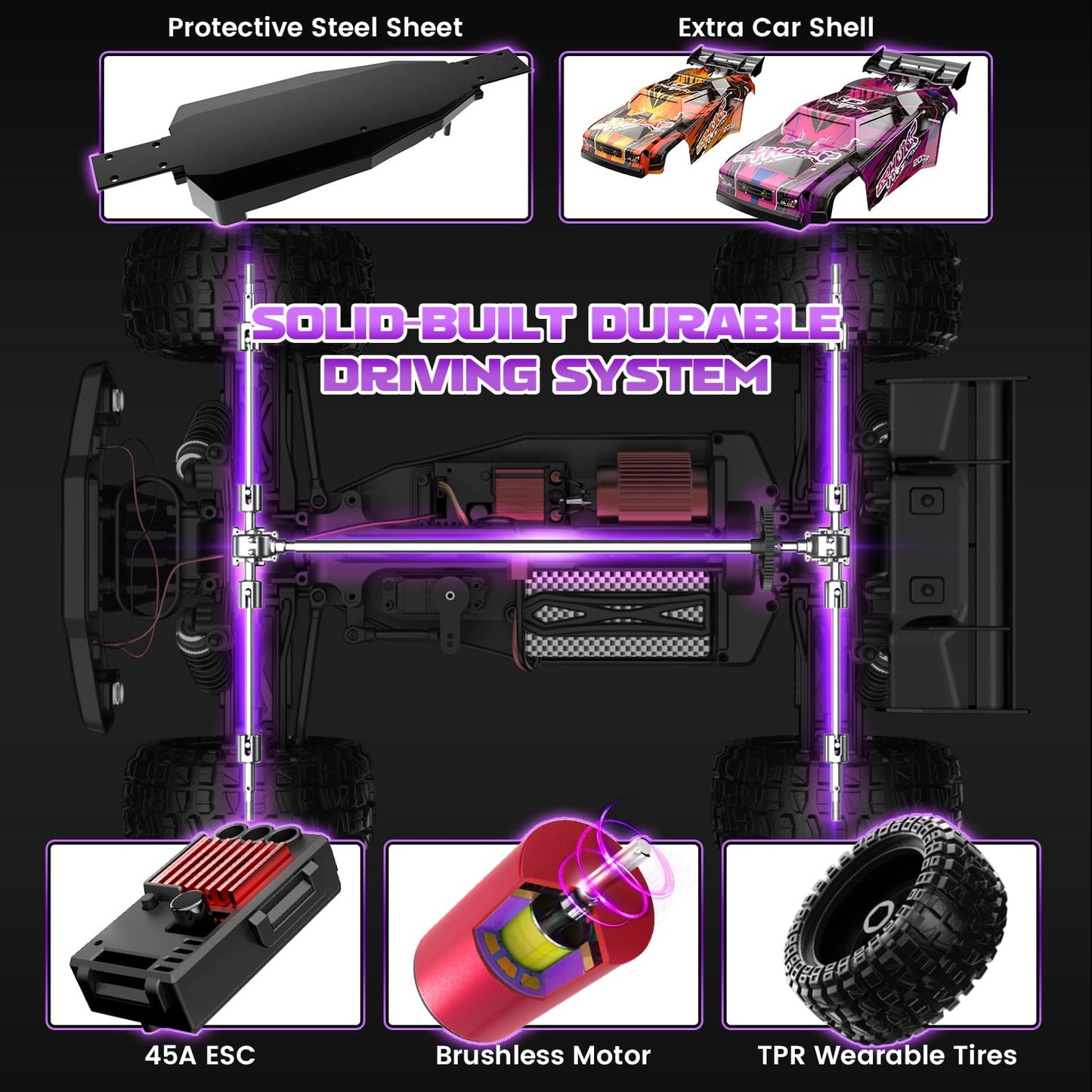 DEERC 200E 1:10 Large 3S Brushless Motor High Speed RC Cars for Adults, 4X4 Fast RC Trucks W/Extra Shell LED Headlight, 60KM/H, All Terrain Remote Control Car, Offroad Monster Truck for Boys,2 Battery