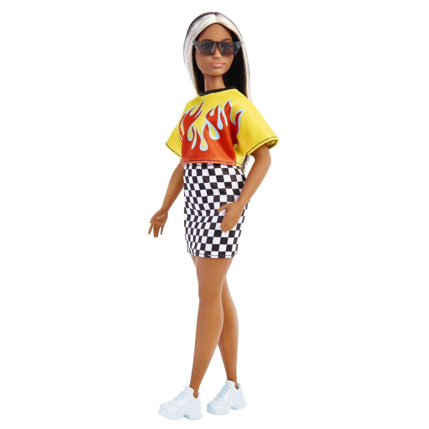 Barbie Fashionistas Doll #179, Curvy with Long Highlighted Hair in Crop Top & Checkered Skirt