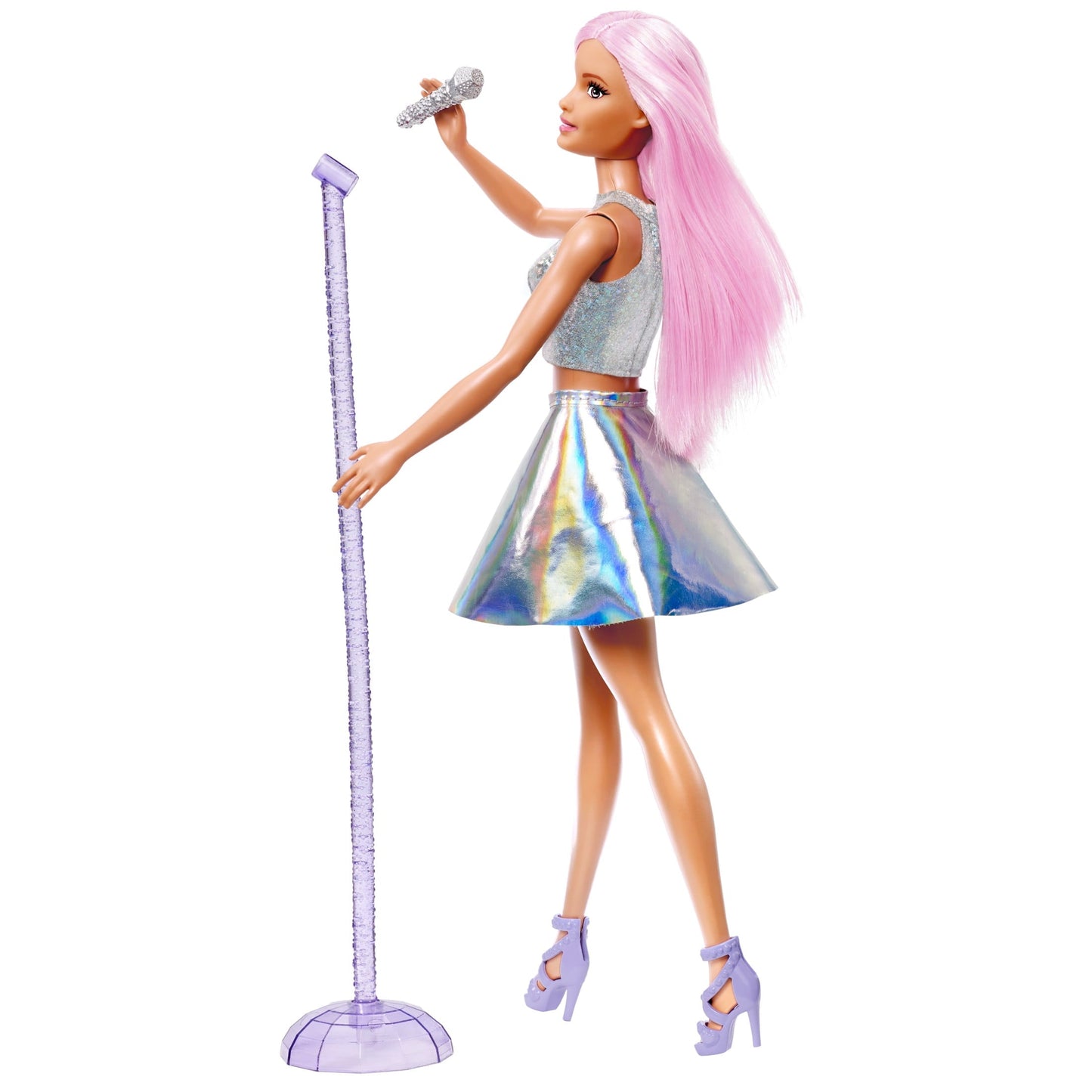 Barbie Pop Star Doll Dressed In Iridescent Skirt with Microphone and Long Pink Hair