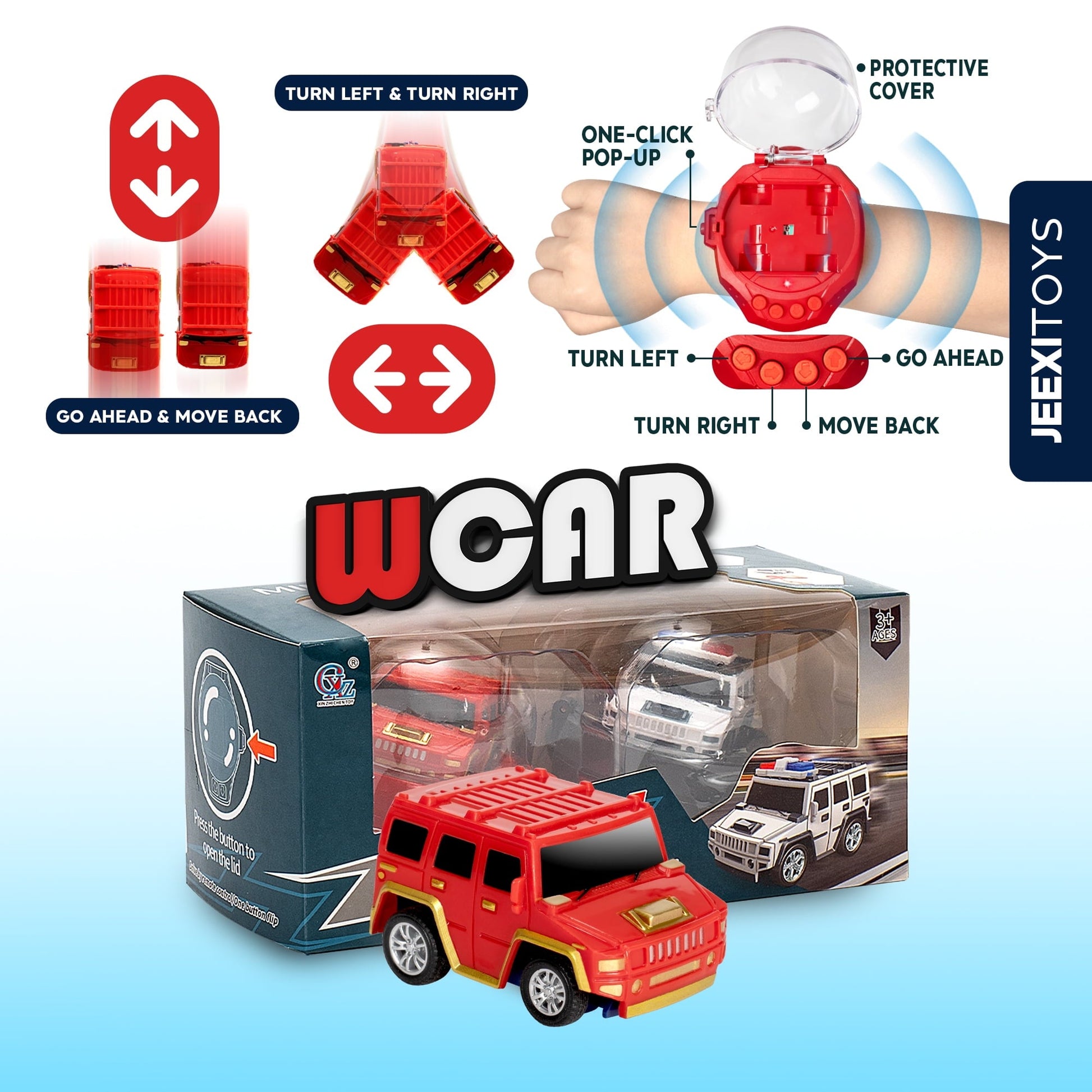 JEEXI Mini RC Car Watch Set for Kids – Wearable Remote Control Cars, LED Lights, Wrist-Mounted Controllers – Toy Cars for Boys & Girls, Fun Parent-Child Playtime - 2 Pack (Red & White)