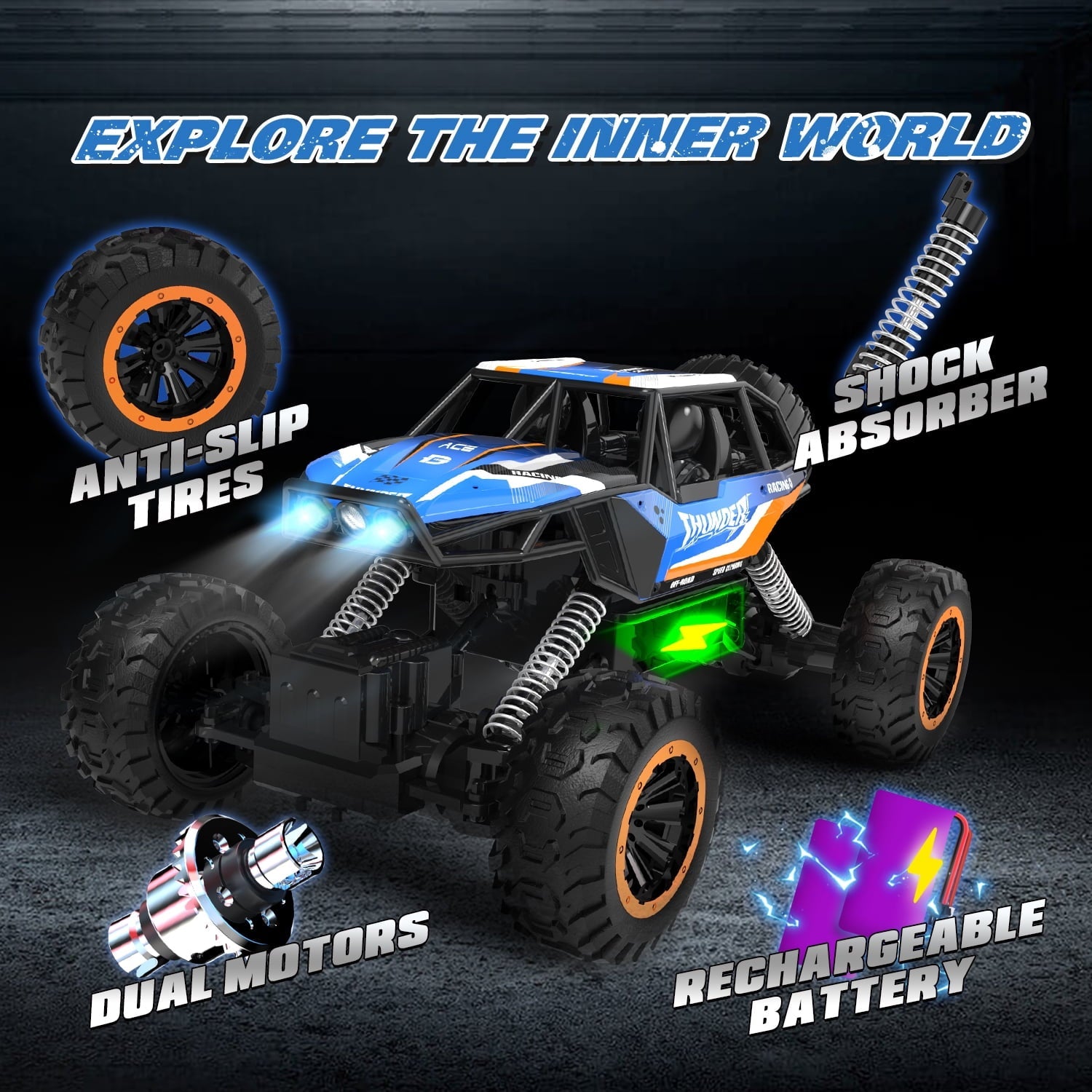JoyStone 1:12 RC Cars 4WD Off-Road 2.4Ghz RC Monster Truck with Metal Shell and Light, Remote Control Car Crawler for Adult and Kid, 2 Batteries, Dark Blue
