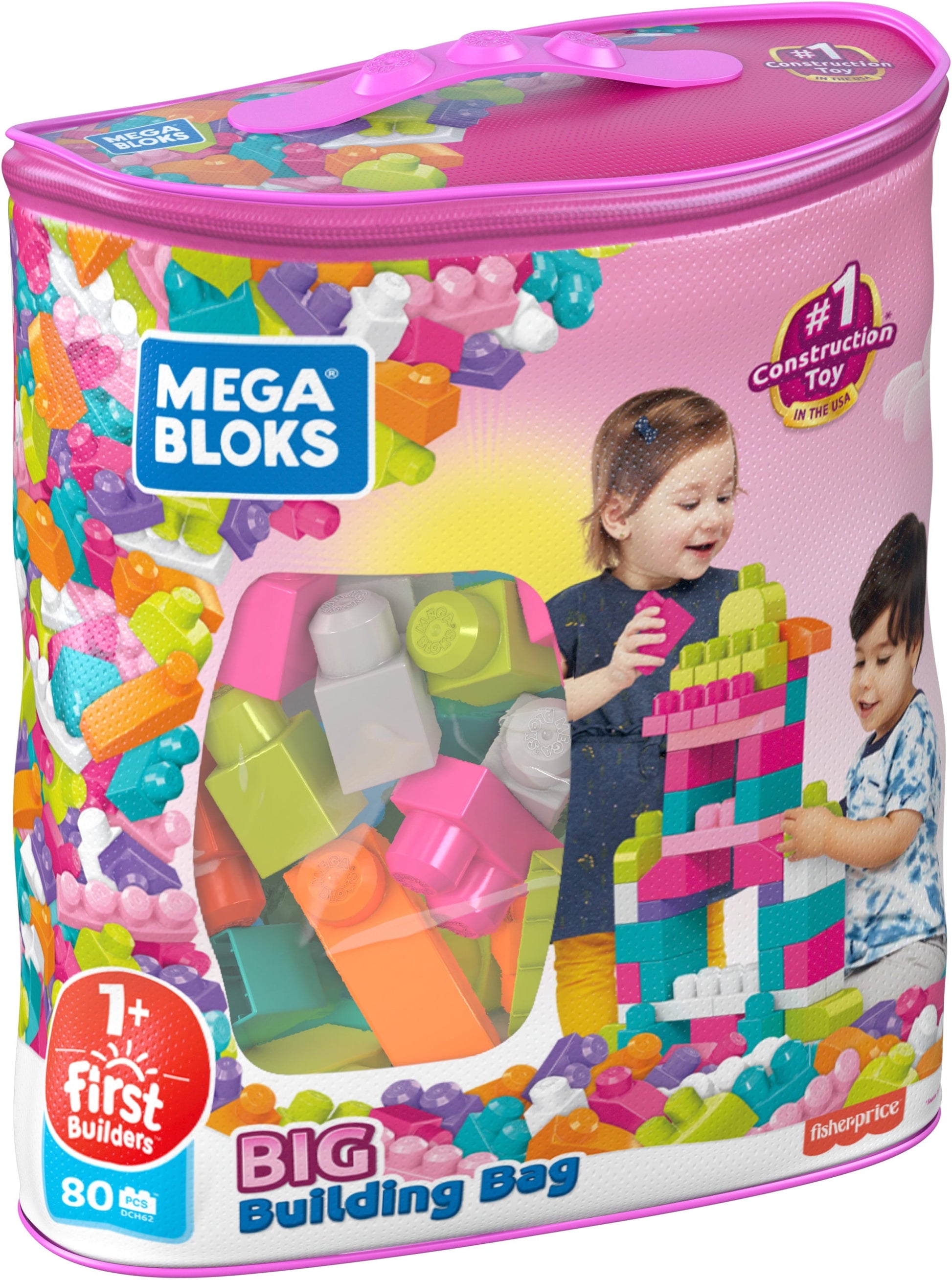 MEGA BLOKS Fisher-Price Toy Blocks Big Building Bag with Storage (80 Pieces) for Toddler, Pink