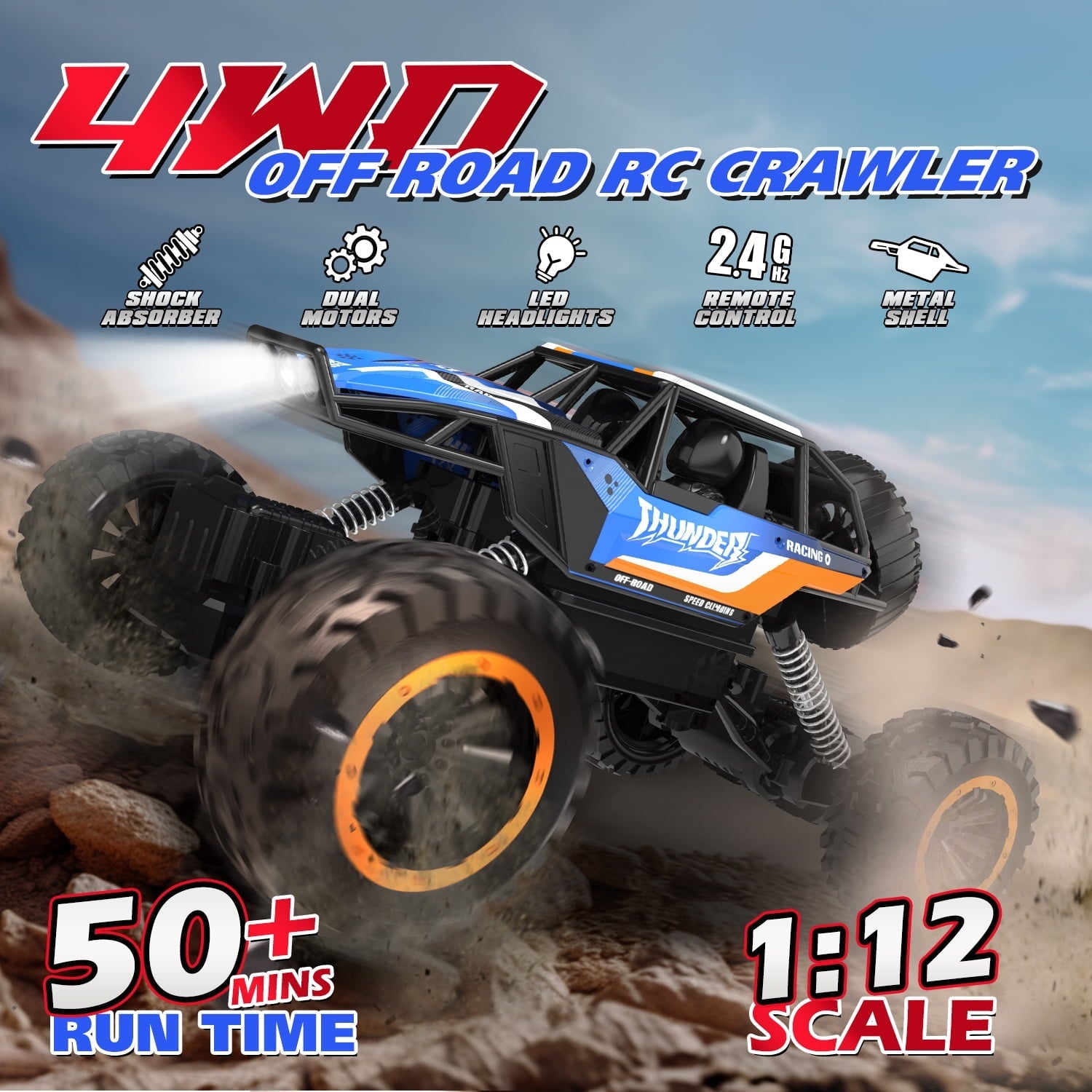 JoyStone 1:12 RC Cars 4WD Off-Road 2.4Ghz RC Monster Truck with Metal Shell and Light, Remote Control Car Crawler for Adult and Kid, 2 Batteries, Dark Blue