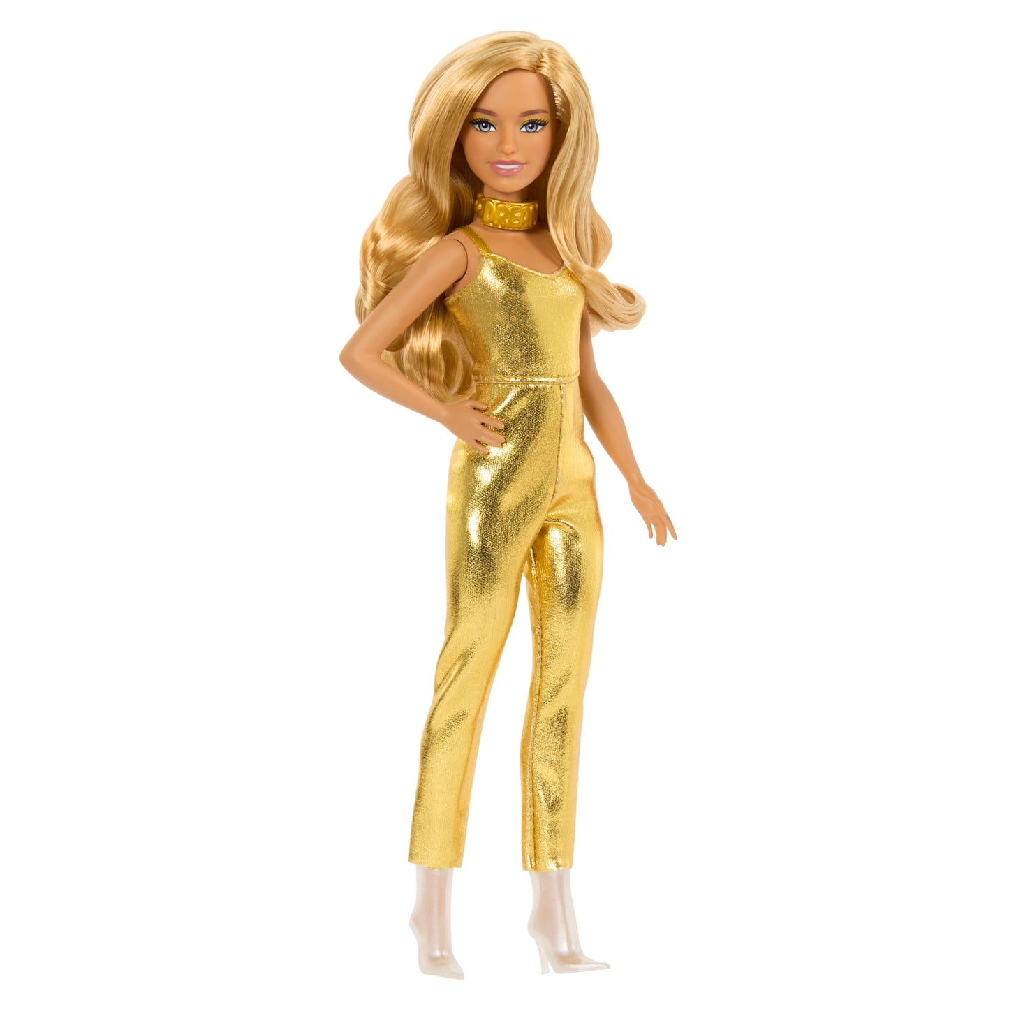 Barbie Fashionistas Doll #222, Petite with Blonde Wavy Hair, Golden Jumpsuit, 65th Anniversary