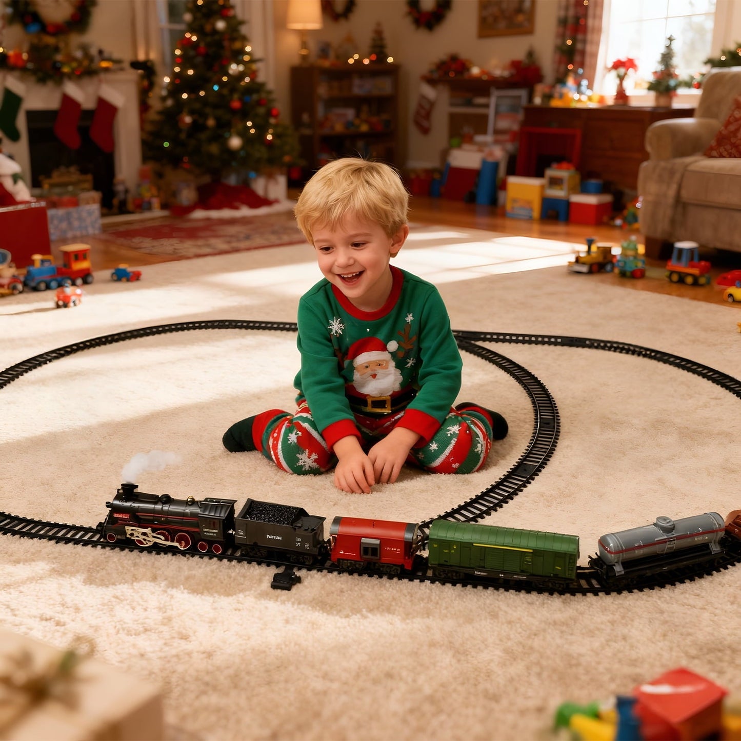 PayUSD Train Set Electric Train Toys Set for Boys Under Christmas Tree with Sounds Light Rechargeable Steam Cargo Cars Tracks for Kids Toy Indoor Toddlers Xmas Gift