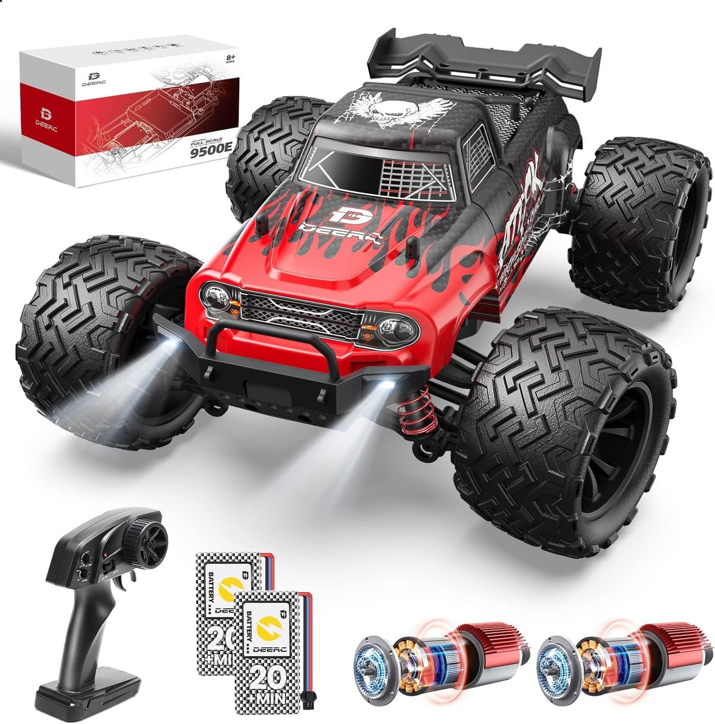 DEERC 9500E 1:16 Scale All Terrain RC Car, 4x4 High Speed 40 KPH RC Truck, 2.4Ghz Remote Control Truck with 2 Batteries, Off-Road Monster Truck for Adults Kids