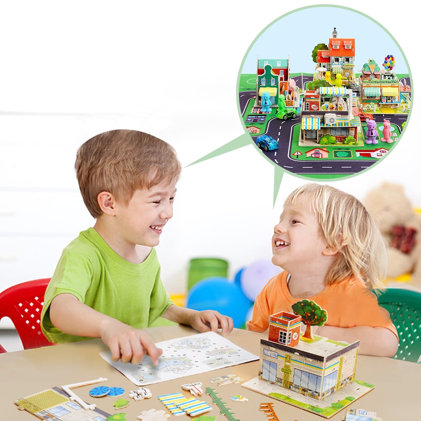 QiShi City Map Construction Building Sets with 6 Cartoon Character Toys, Preschool Educational Learning Toys for 6+ Year Old Kids Boys Girls Children