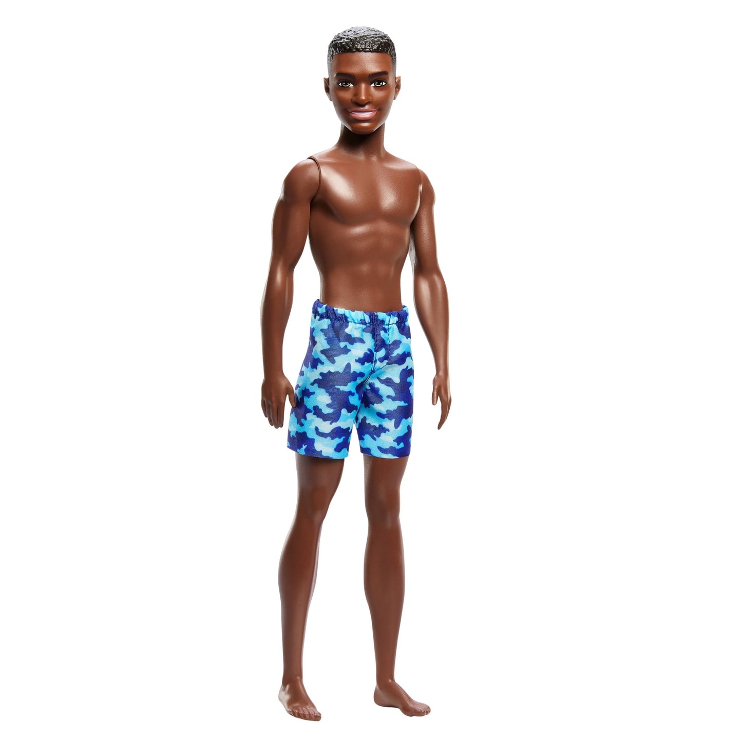 Beach Ken Doll with Dark Brown Hair Wearing Blue Camo-inspired Print Swimsuit Ready for the Pool
