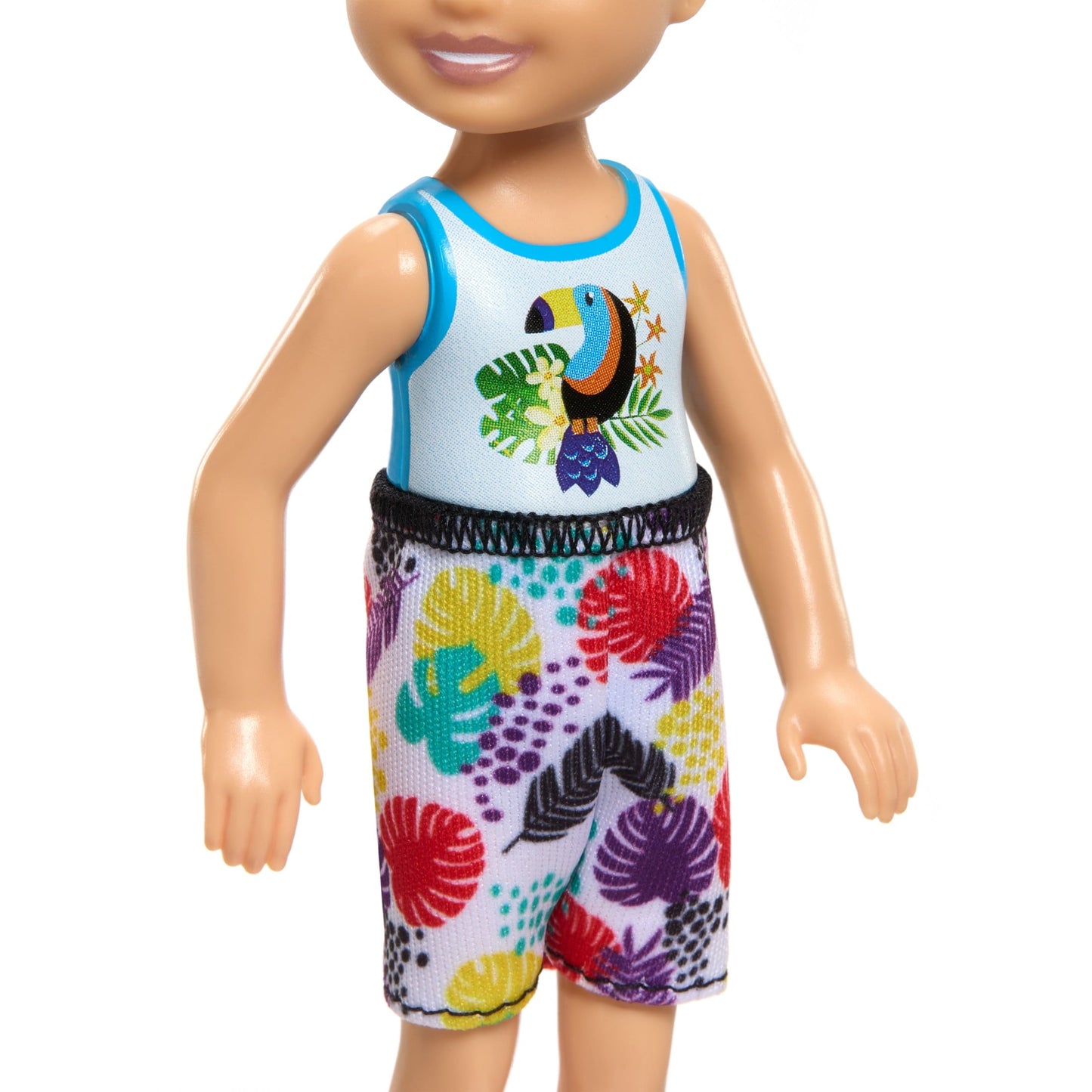 Barbie Chelsea Small Doll with Beach Swimsuit, Toucan & Tropical Leaf Print, Black Hair & Brown Eyes