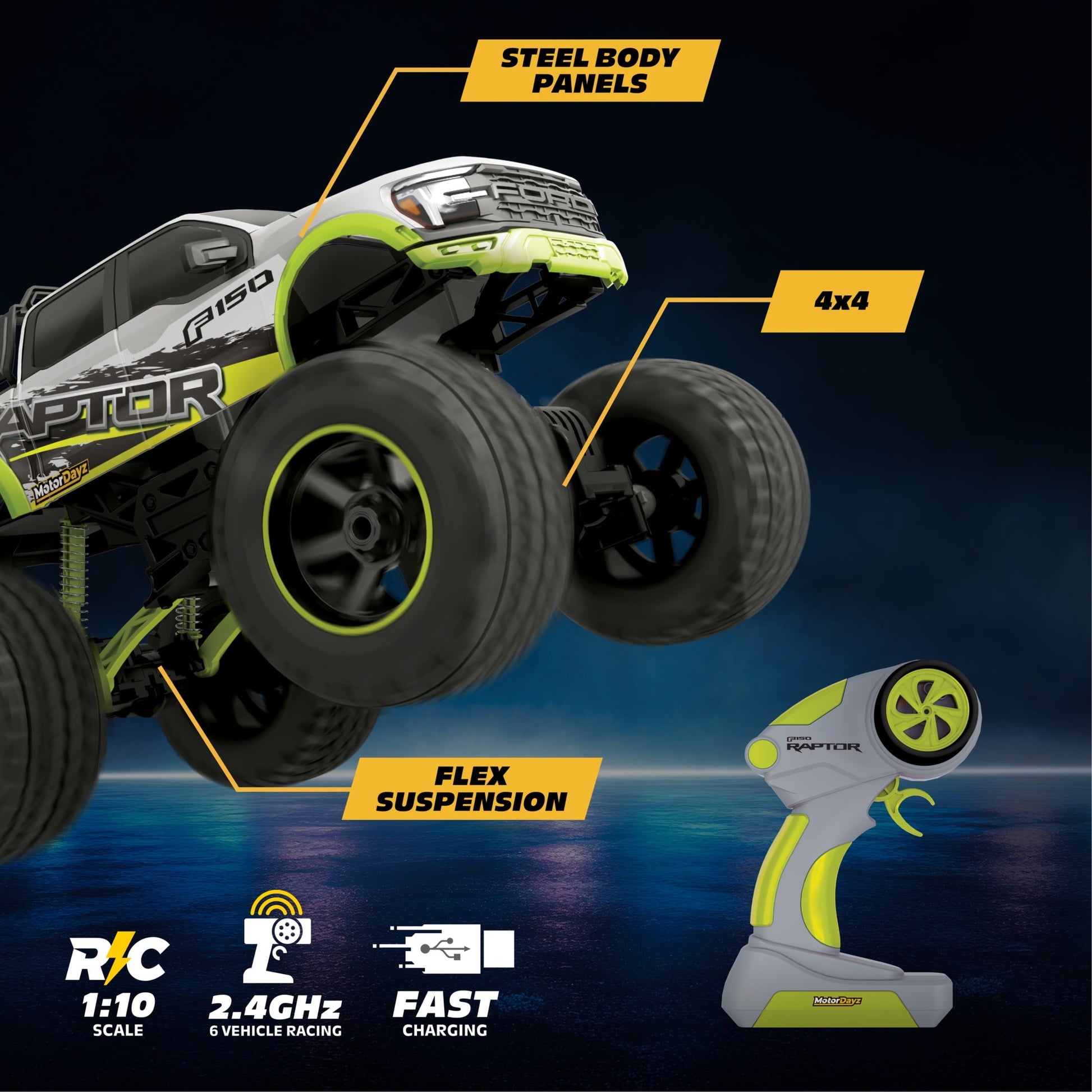 Motor Dayz (1:10) Ford F-150 Heavy Metal Remote Control 4X4 Truck, R2-10T89U-SV, Child