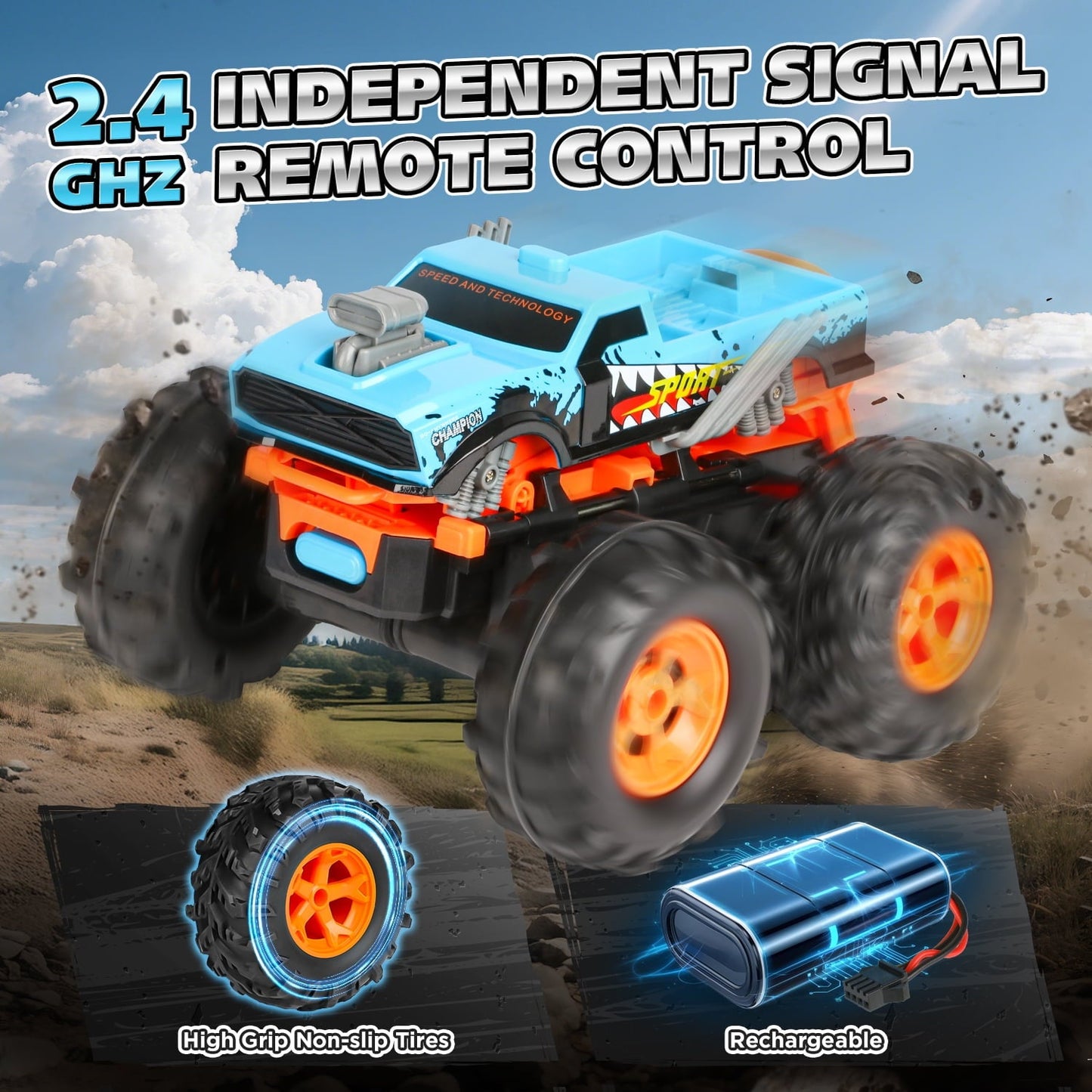 Huge Wave Remote Control Car for Boys, 1:16 Scale RC Stunt Monster Truck Toys, with Transform Track and Mini Car, Christmas Birthday Gift for Kids Age 4-12