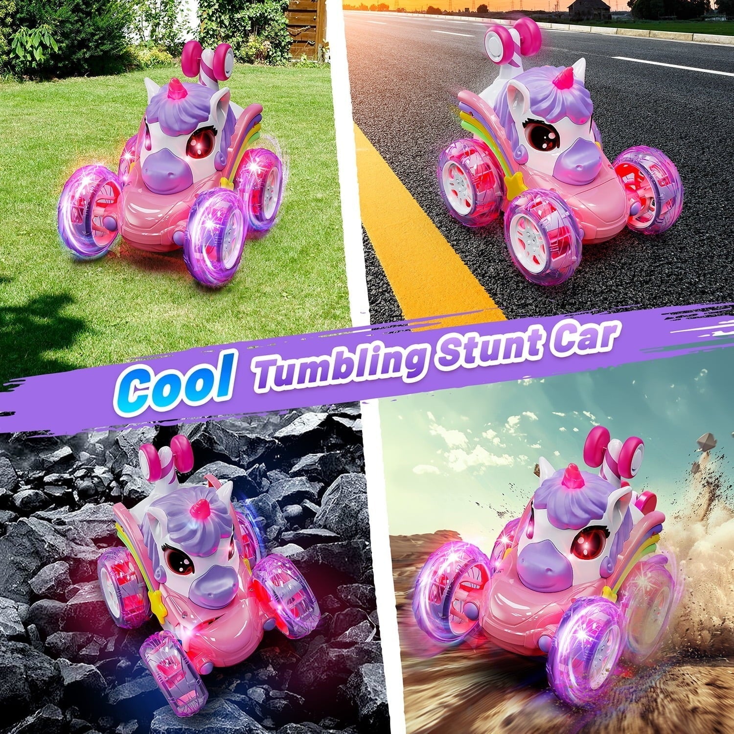 HopeRock Unicorn Toys for Girls Ages 3-6 Years, Remote Control Stunt Car with LED Lights, 2.4GHz RC Car for 3-6 Year Old Girls, Christmas Birthday Gift for Toddlers 3-6.